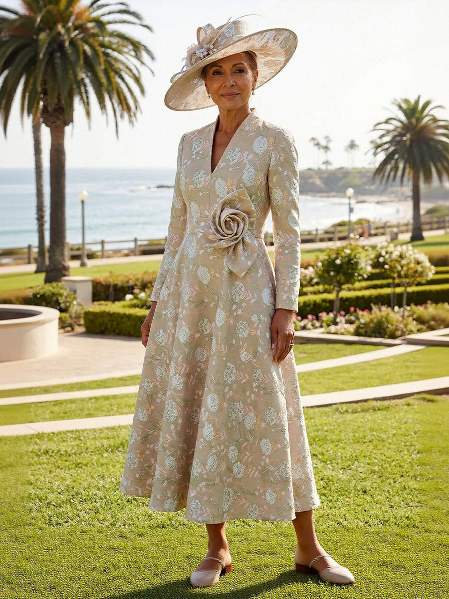 V Neck Jacquard A Line 3D Flower Long Sleeves Mother of the Bride Dresses