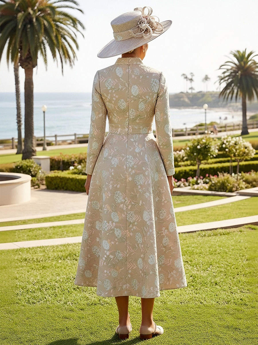 V Neck Jacquard A Line 3D Flower Long Sleeves Mother of the Bride Dresses