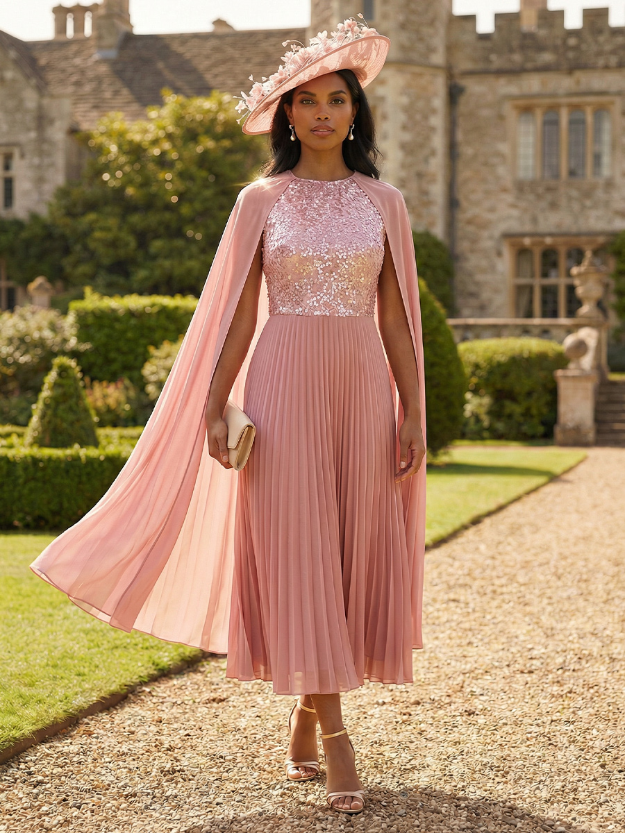 Sequin Pleated Jewel Neck Mother of the Bride Dresses with Cape