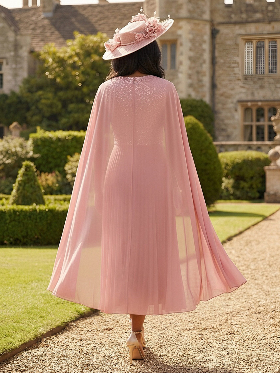 Sequin Pleated Jewel Neck Mother of the Bride Dresses with Cape