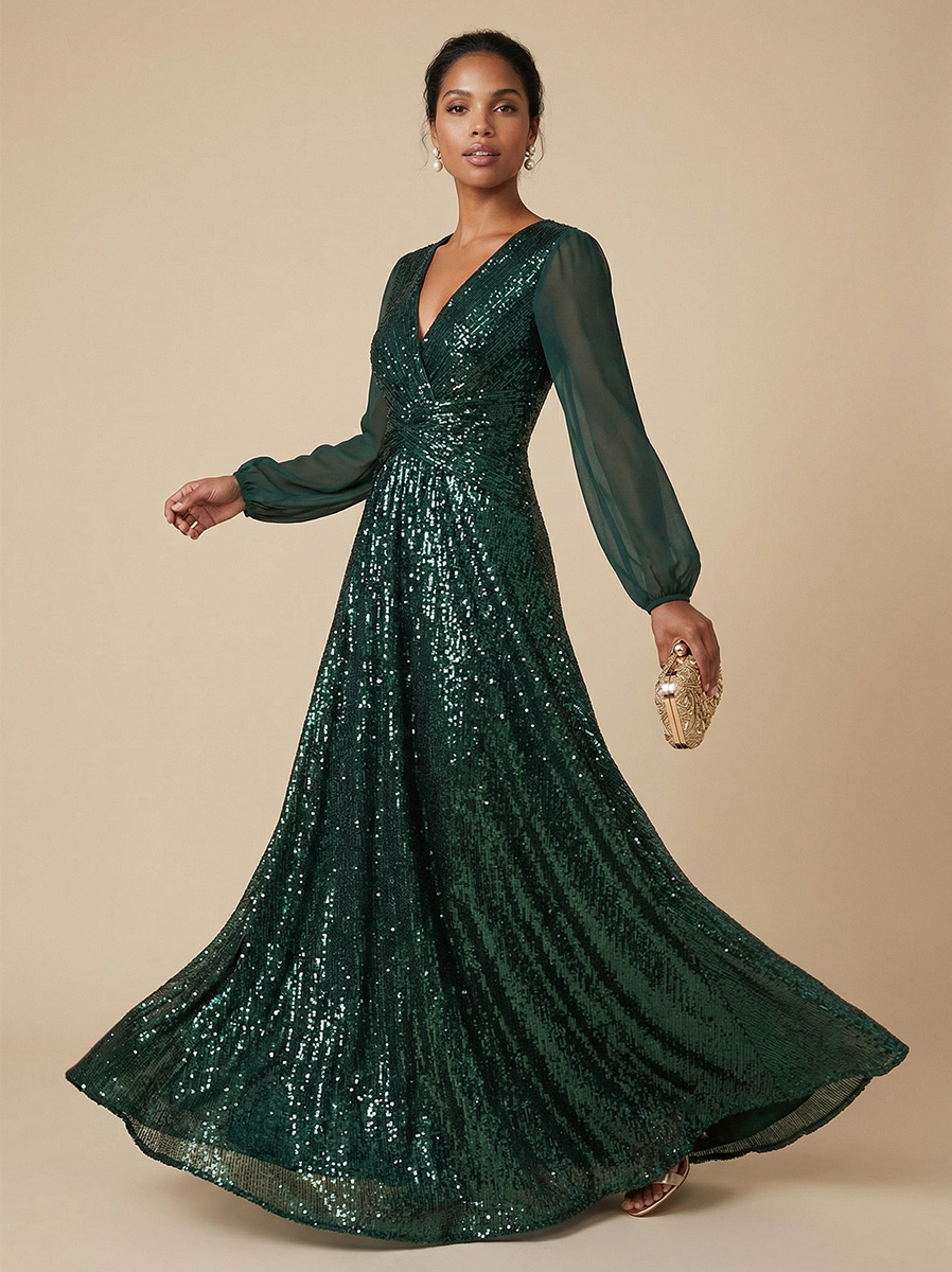 Sequin V Neck A Line Mother of the Bride Dresses with Sleeves