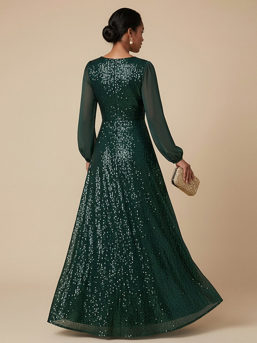 Sequin V Neck A Line Mother of the Bride Dresses with Sleeves