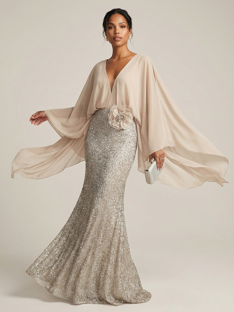 Sequin V Neck Mermaid Mother of the Bride Dresses with Cape