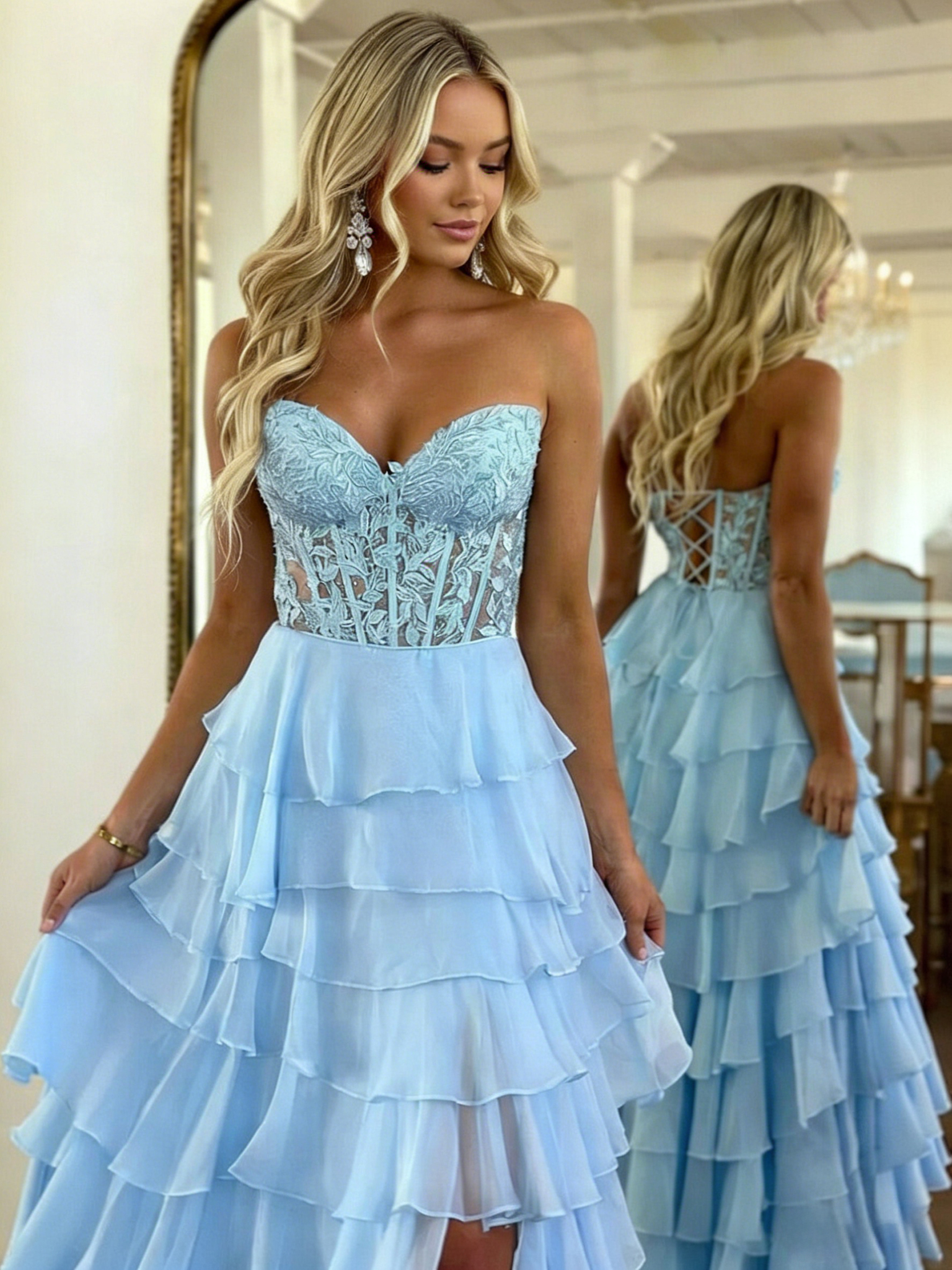 Chiffon Applique A Line Tiered Prom Dresses with Slit