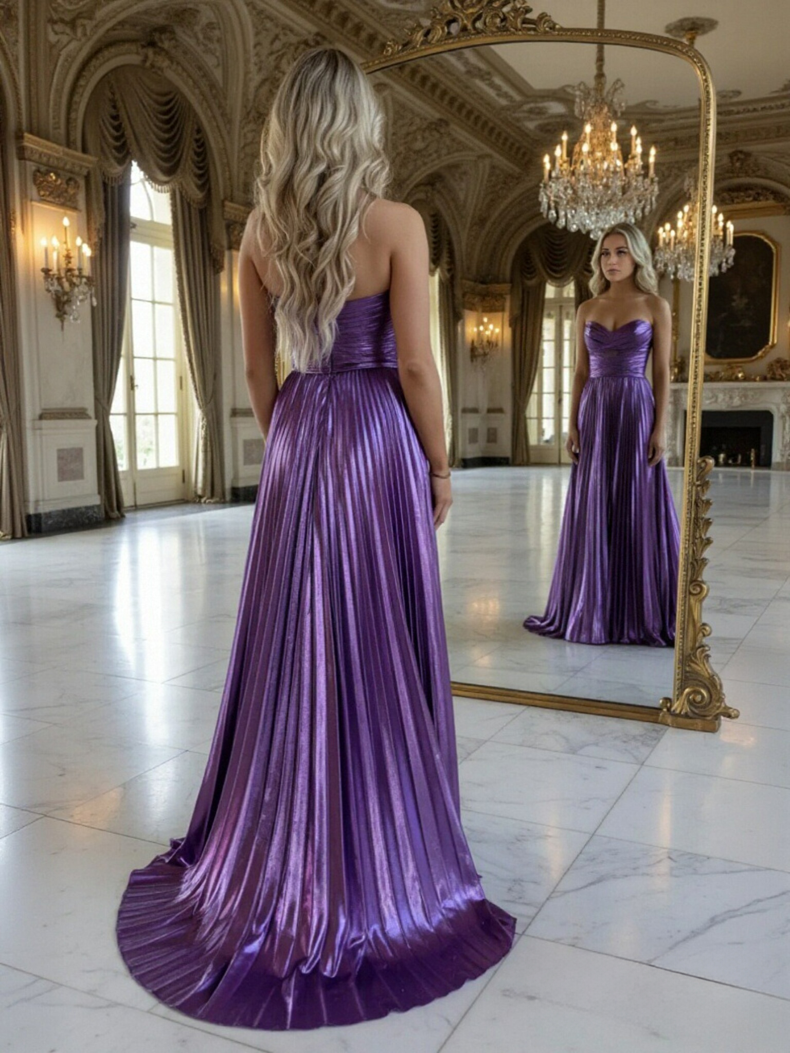 Strapless Satin A Line Pleats Prom Dresses with Slit