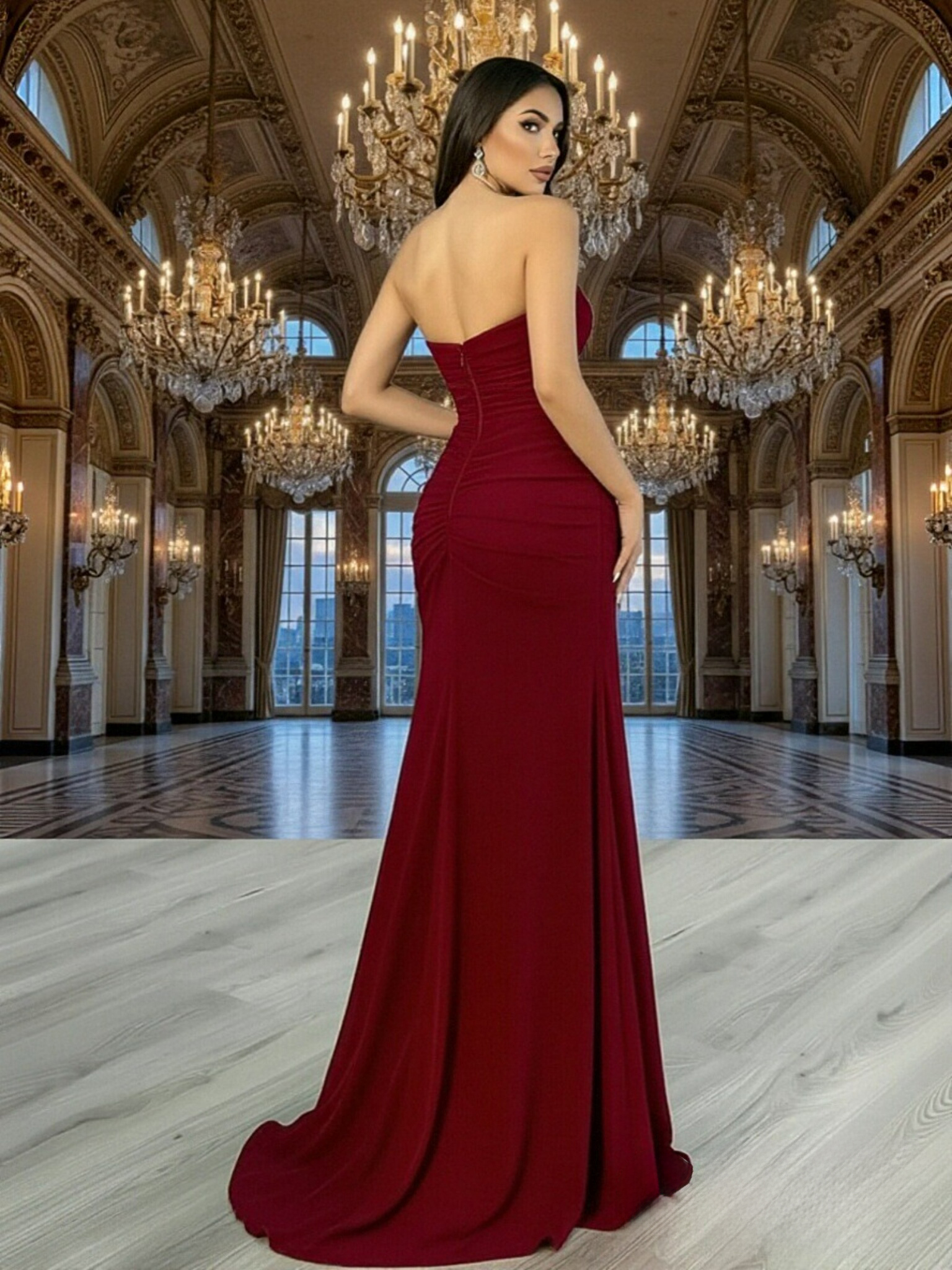 Strapless Chiffon Mermaid Pleats Prom Dresses with Slit