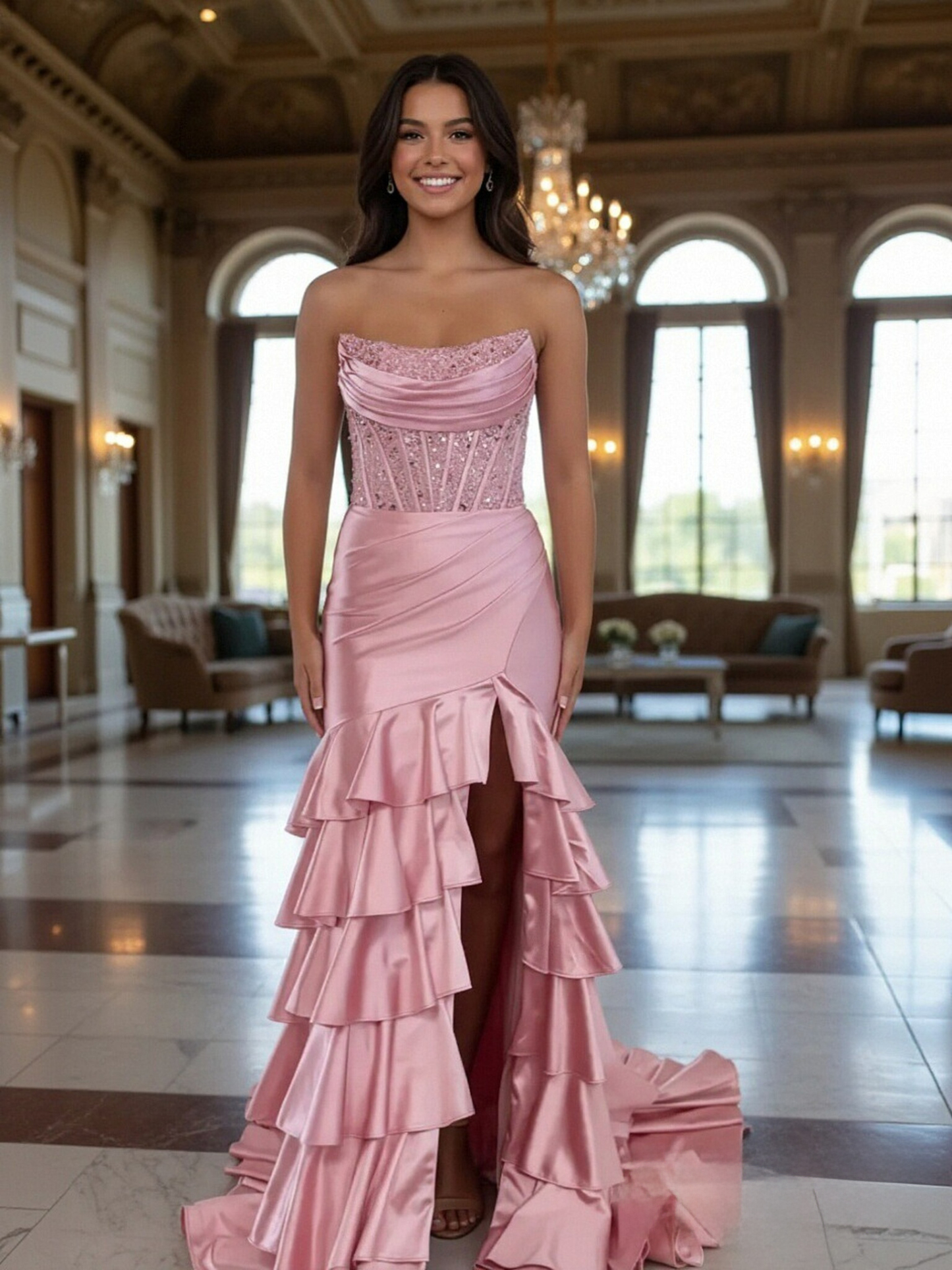 Strapless Satin Mermaid Beads Prom Dresses with Slit