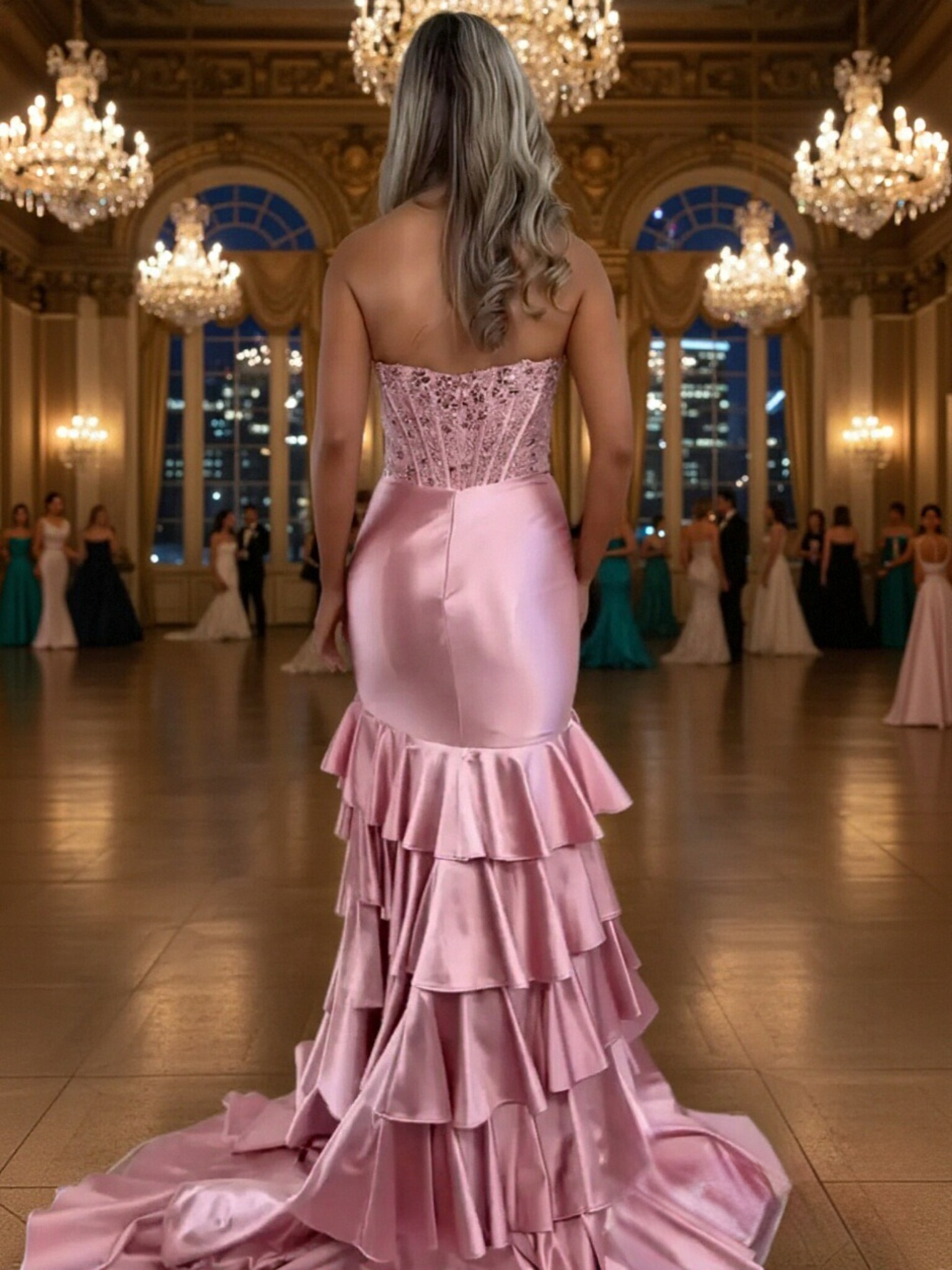 Strapless Satin Mermaid Beads Prom Dresses with Slit