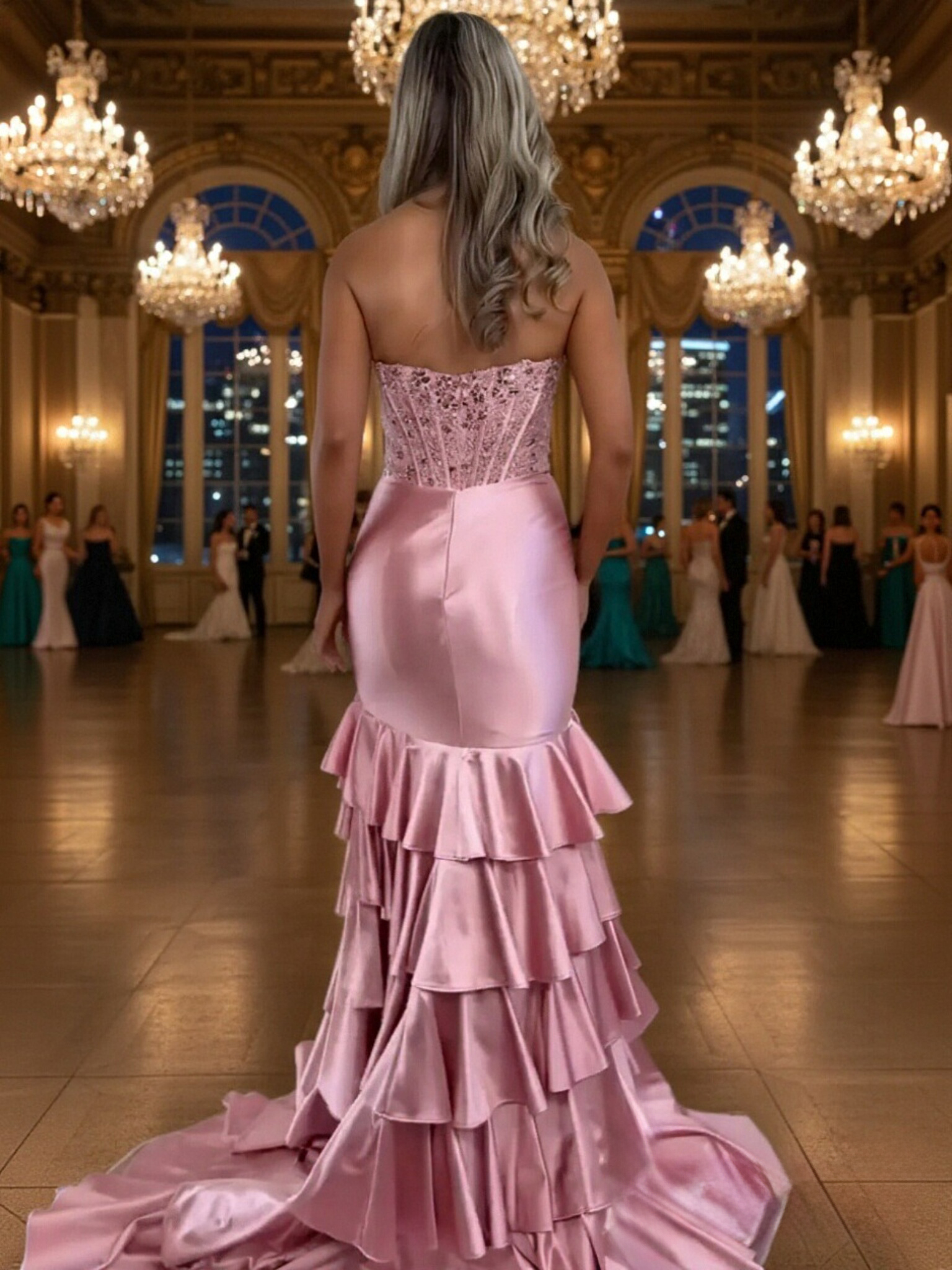 Strapless Satin Mermaid Beads Prom Dresses with Slit