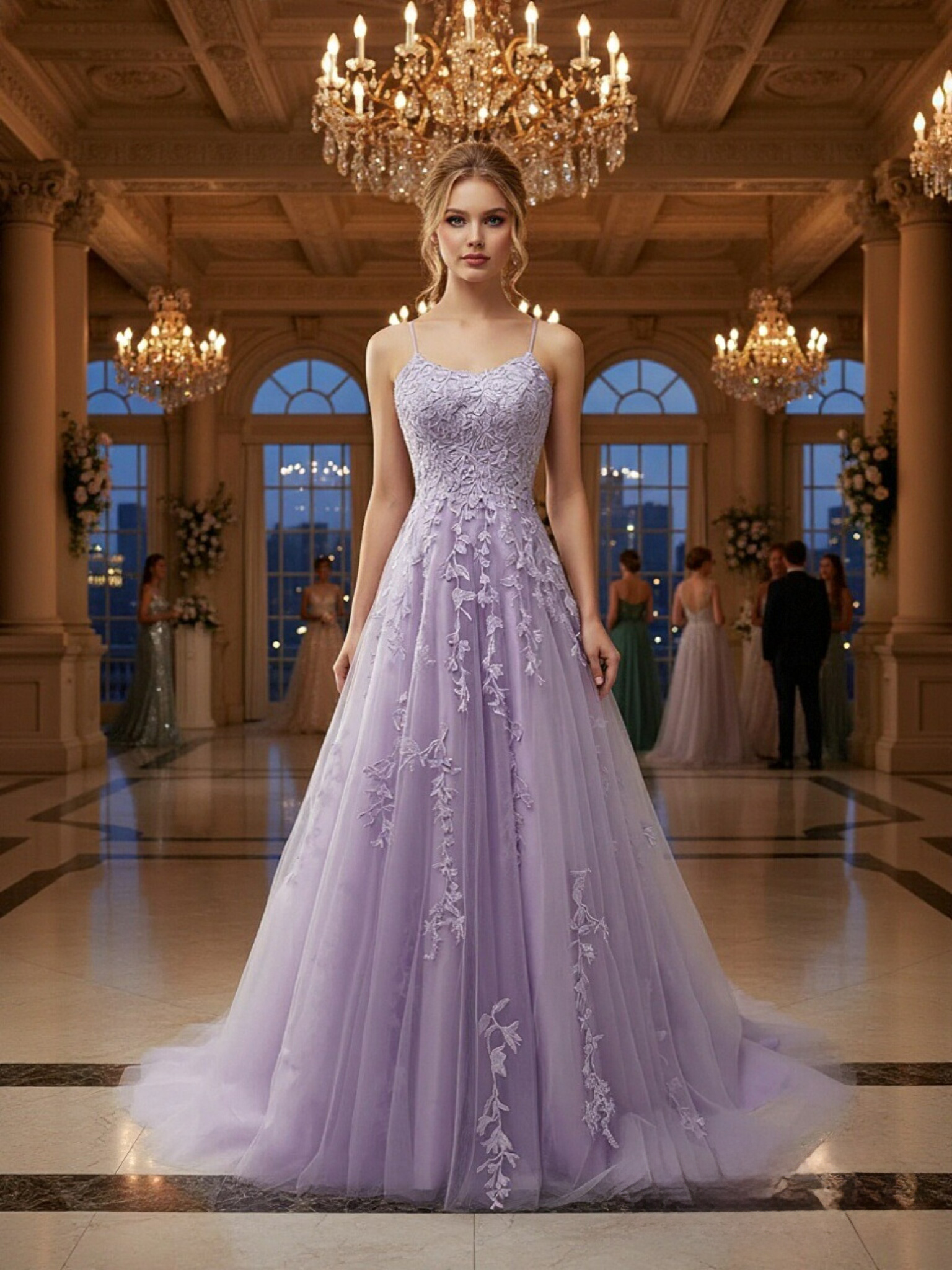 Spaghetti Straps Tulle A Line Appliques Prom Dresses