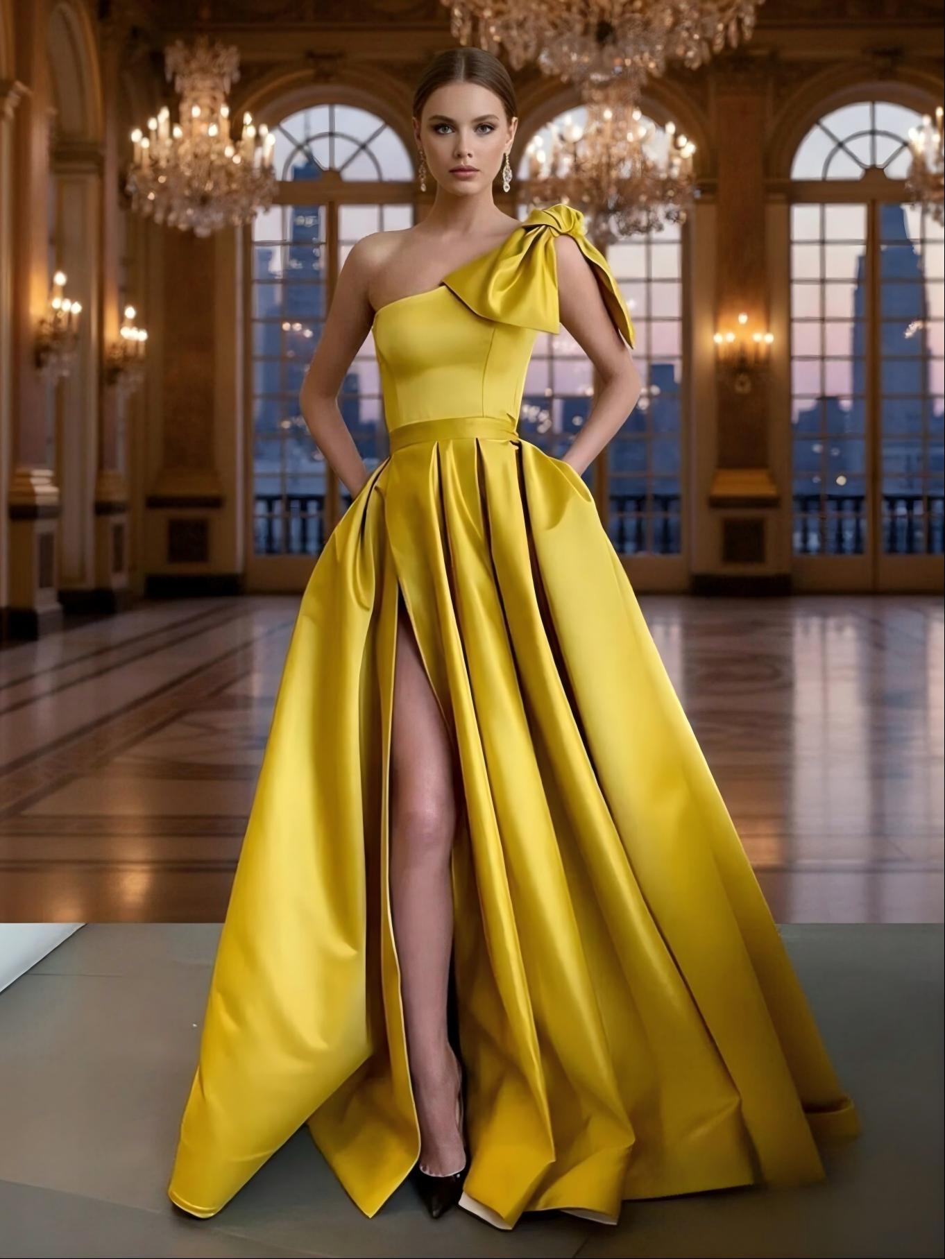 One Shoulder Satin A Line Bow Prom Dresses with Slit