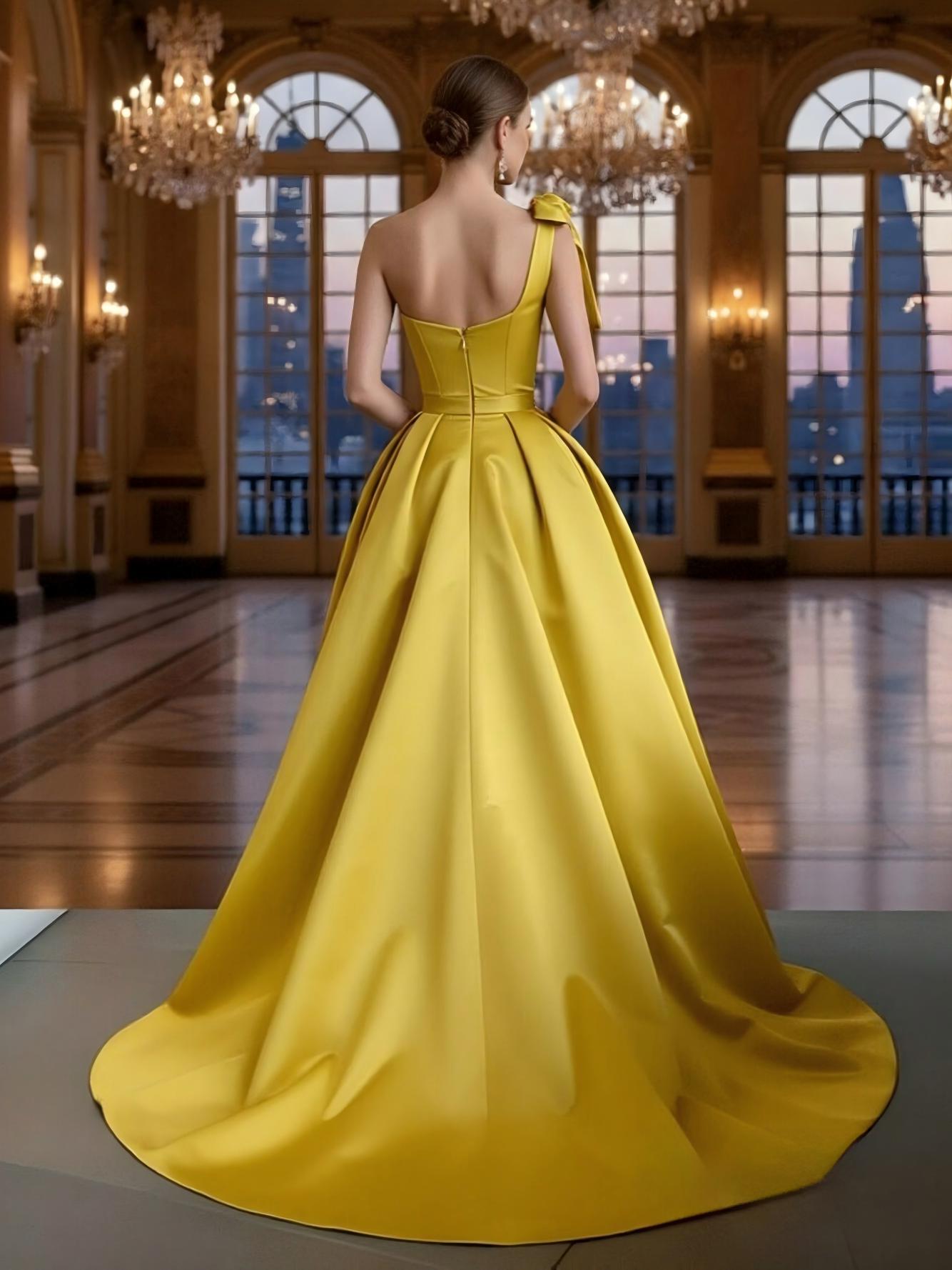 One Shoulder Satin A Line Bow Prom Dresses with Slit