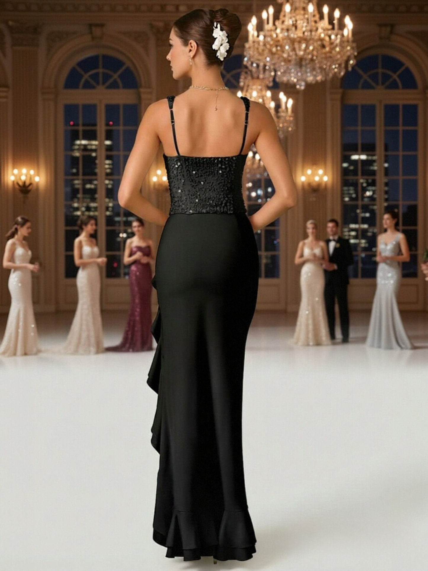 Square Neck Sequin Ruffles Prom Dresses with Slit