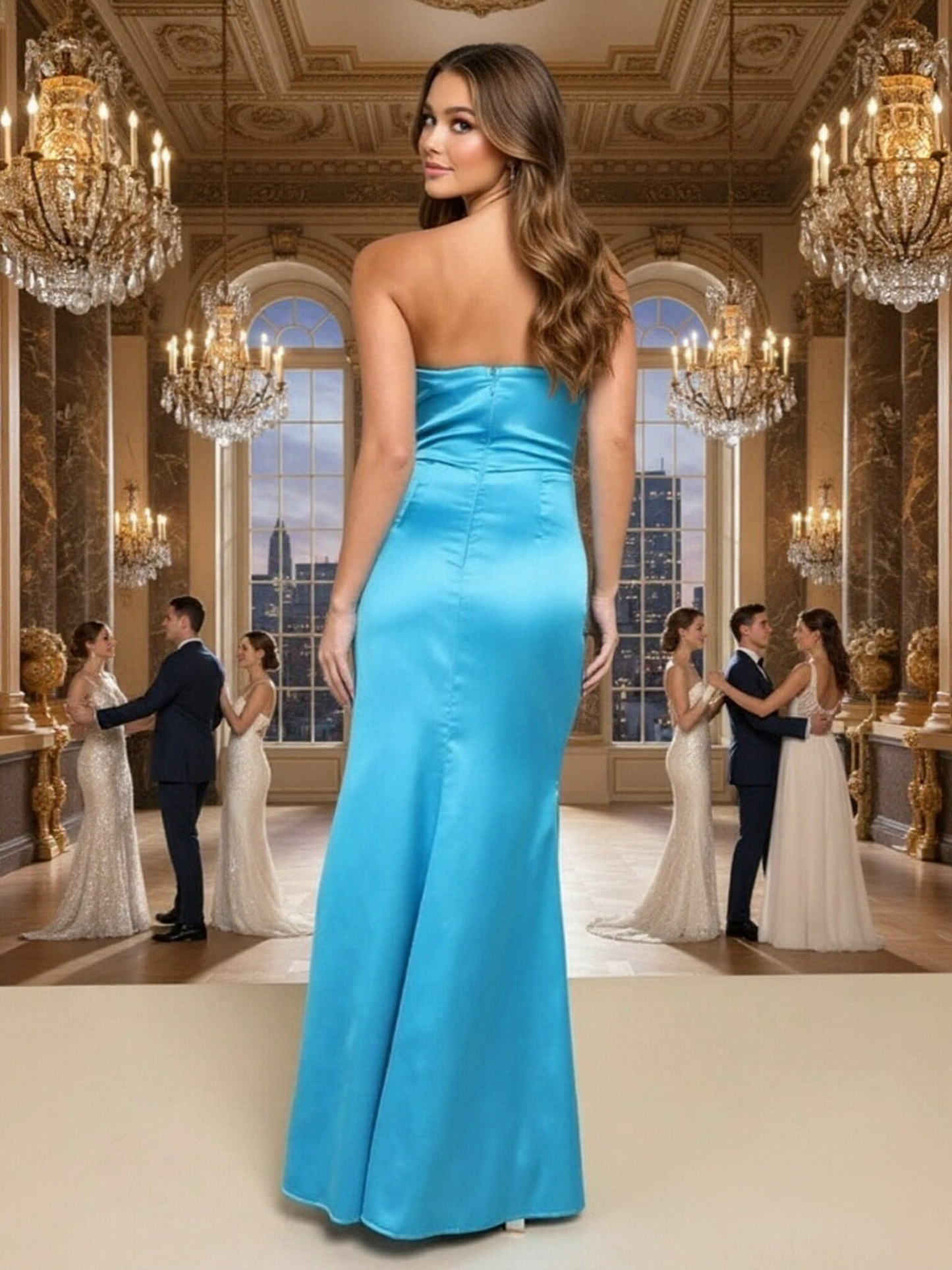 Strapless Satin Mermaid Pleats Prom Dresses with Slit