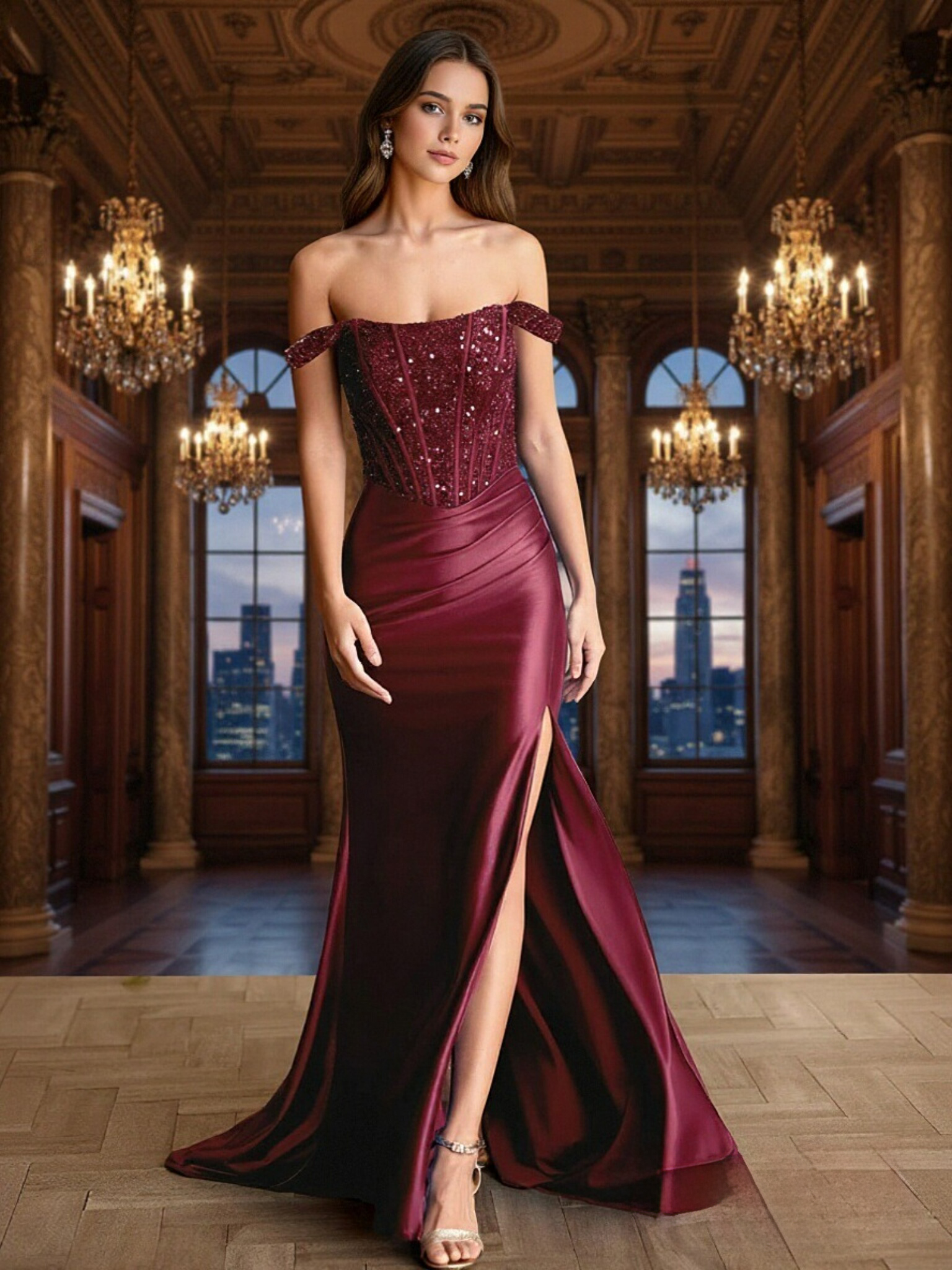 Off Shoulder Satin Mermaid Sequin Prom Dresses with Slit