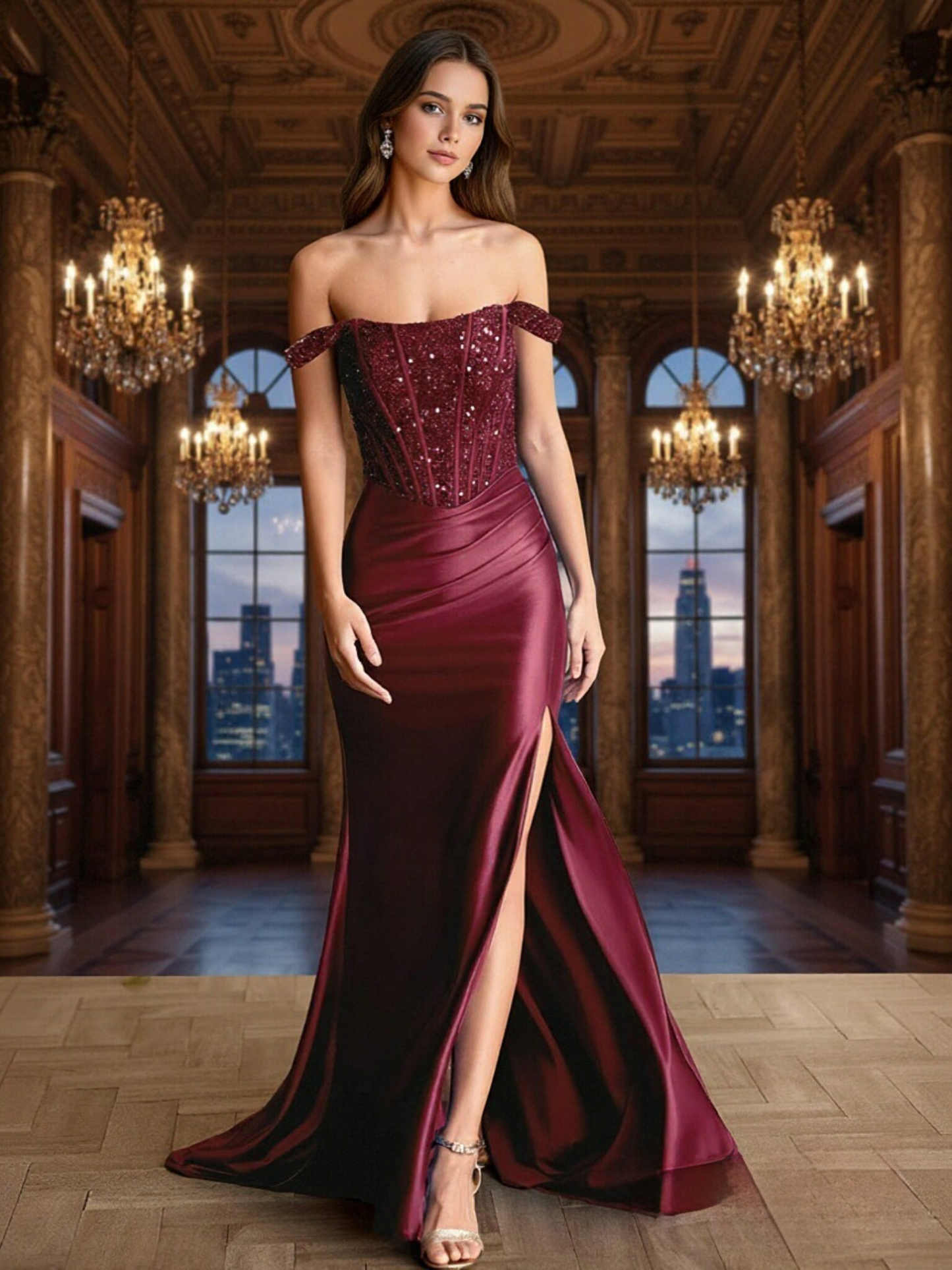 Off Shoulder Satin Mermaid Sequin Prom Dresses with Slit