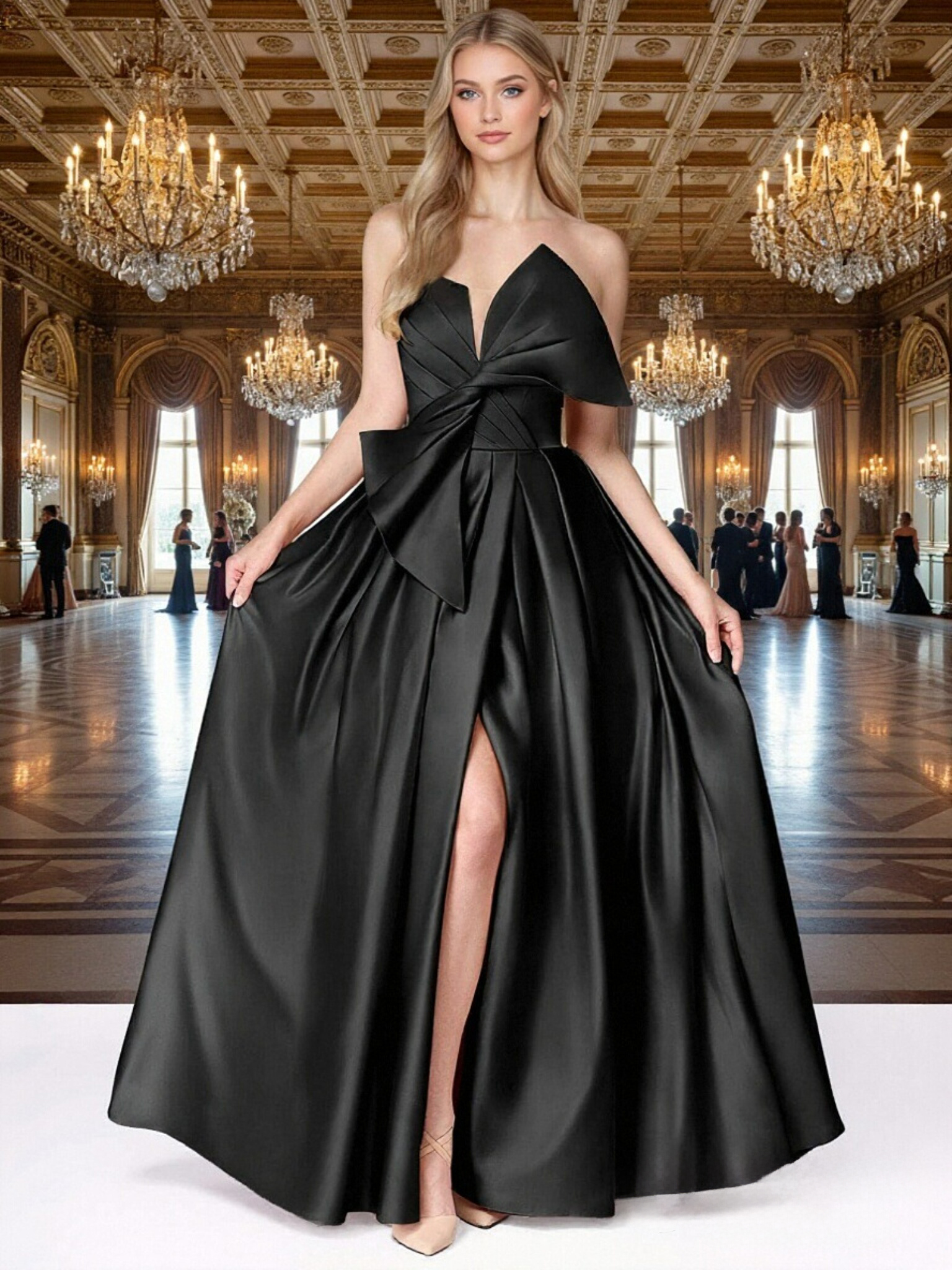 Strapless Satin A Line Bow Prom Dresses with Slit