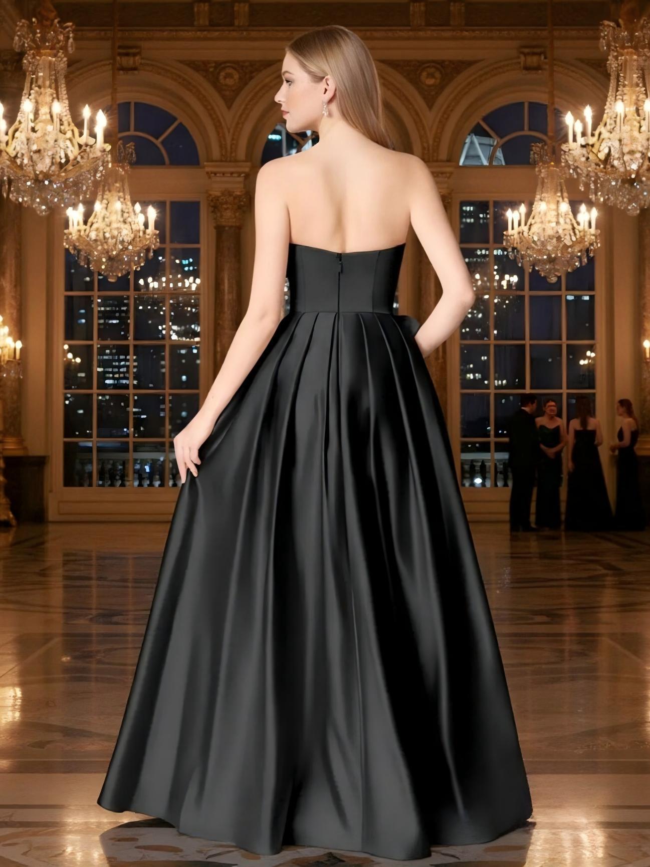 Strapless Satin A Line Bow Prom Dresses with Slit