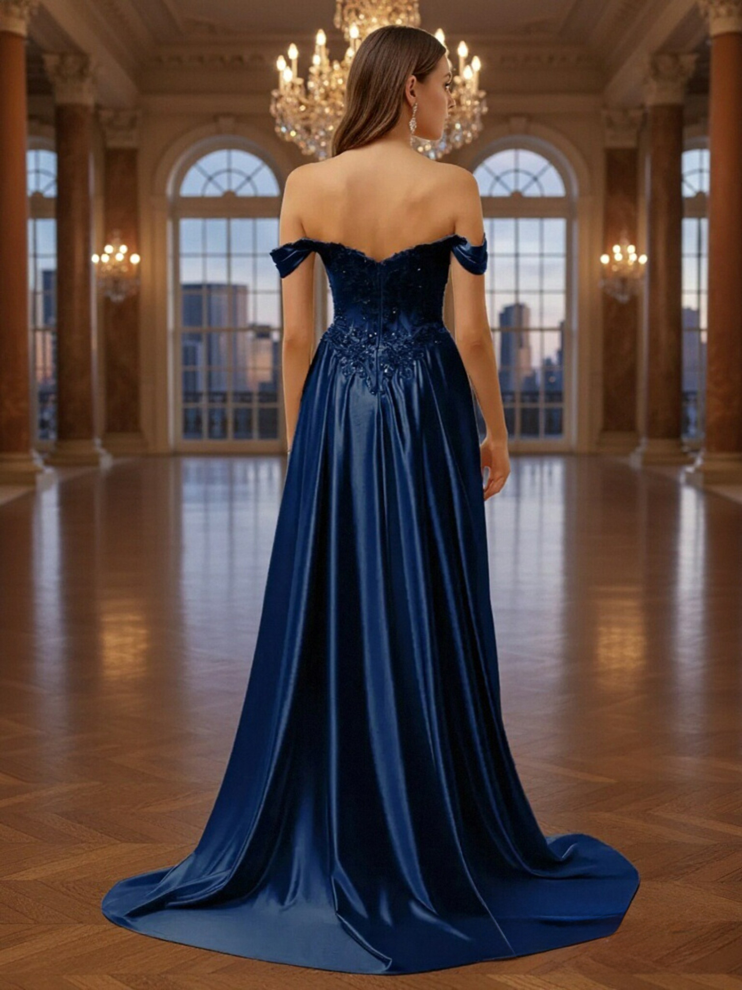 Off Shoulder Satin Mermaid Sequin Prom Dresses with Slit