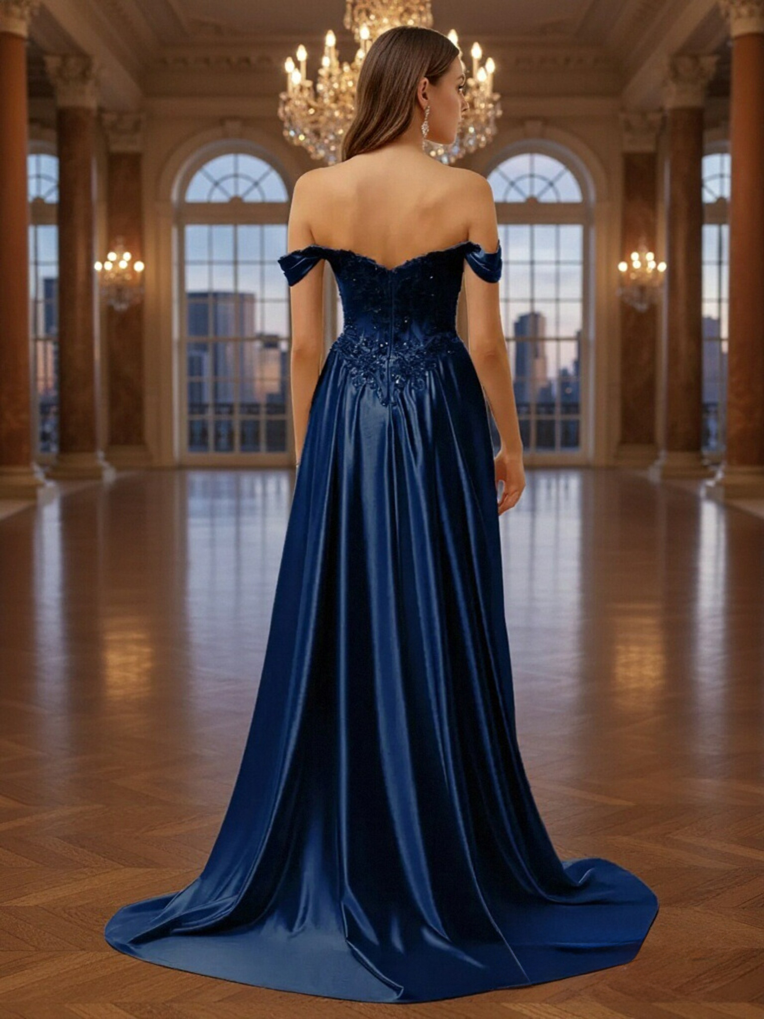 Off Shoulder Satin Mermaid Sequin Prom Dresses with Slit