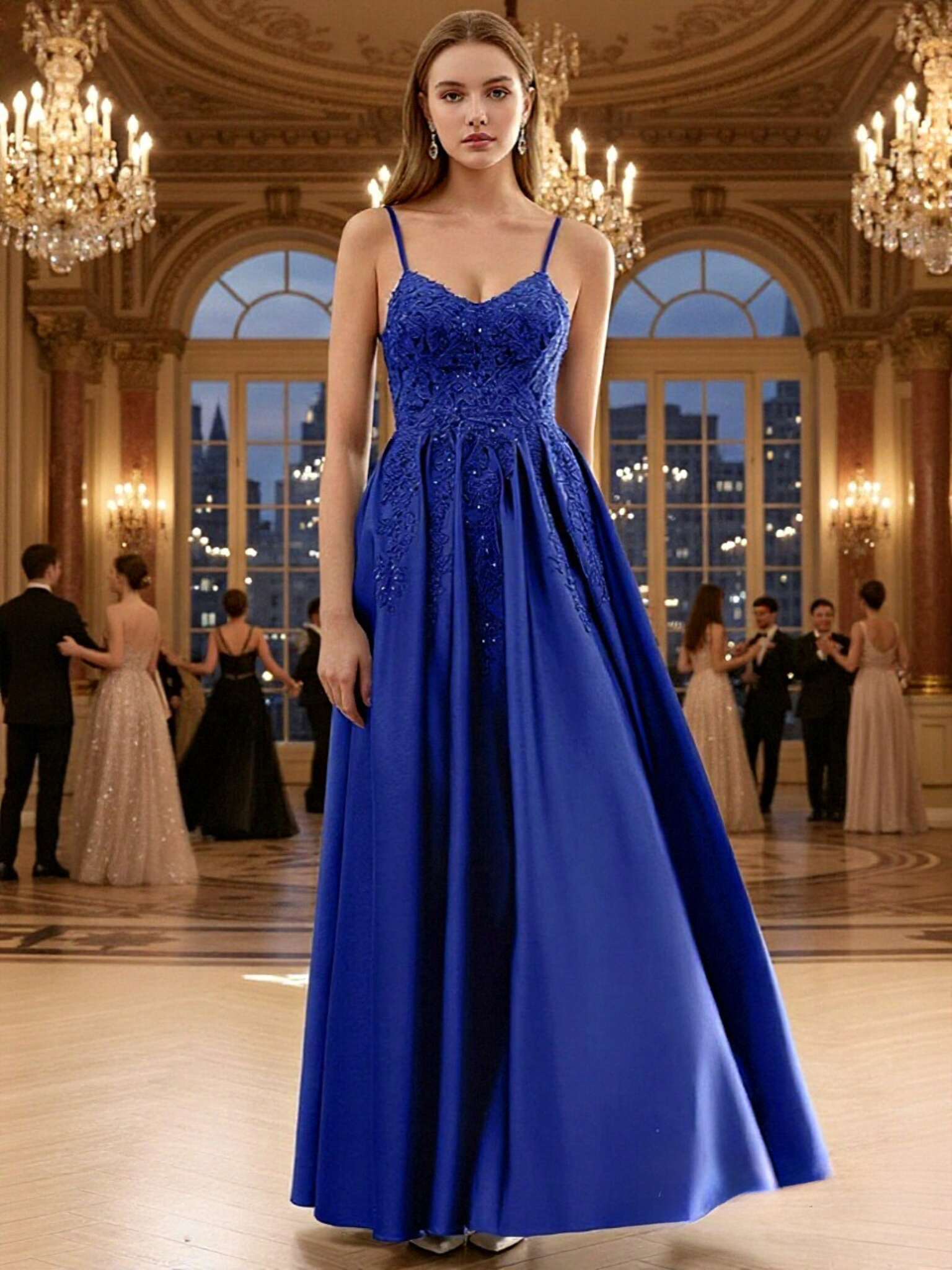 Spaghetti Straps Satin A Line Applique Prom Dresses