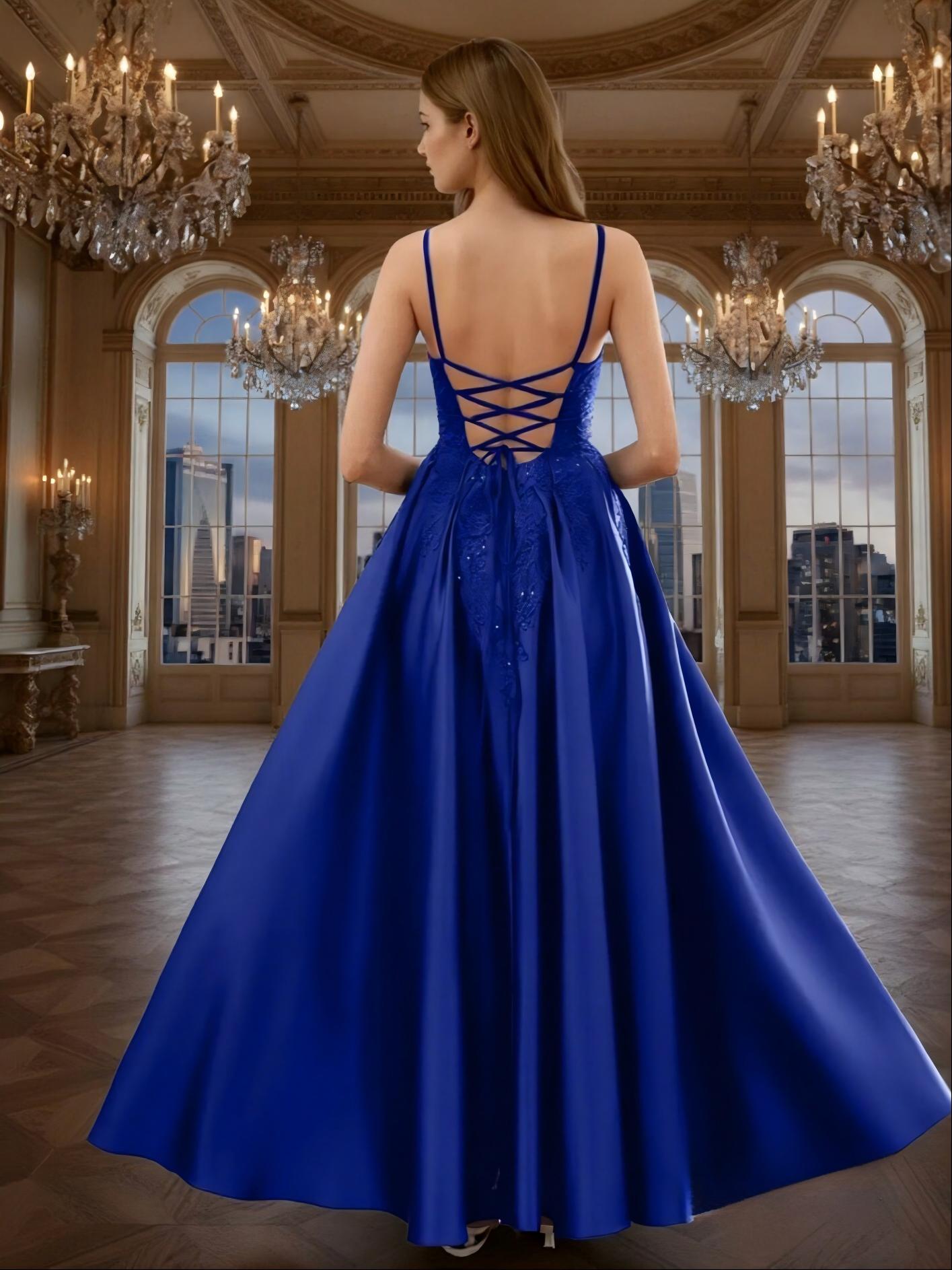 Spaghetti Straps Satin A Line Applique Prom Dresses