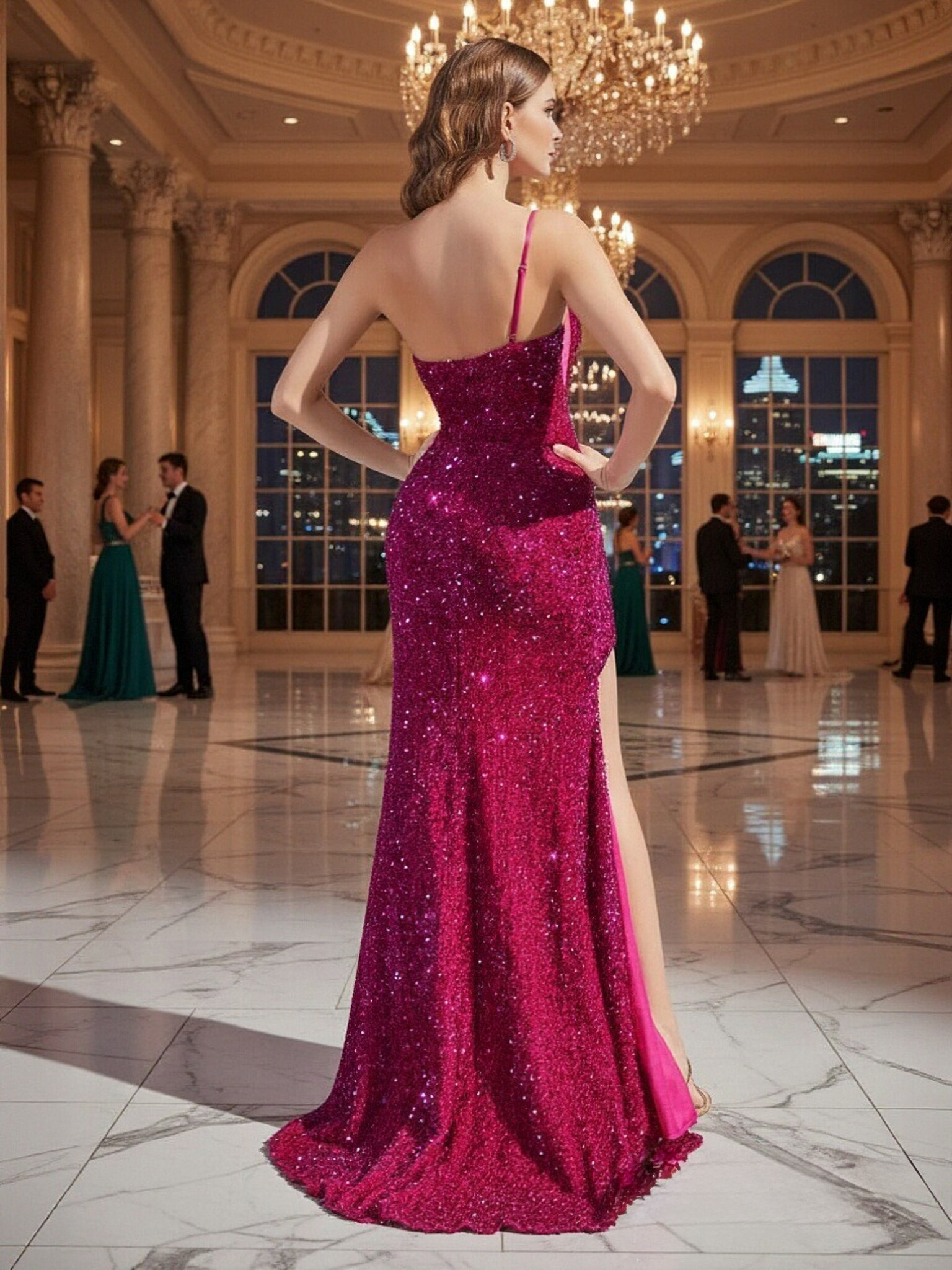 One Shoulder Sequin Mermaid Prom Dresses with Slit