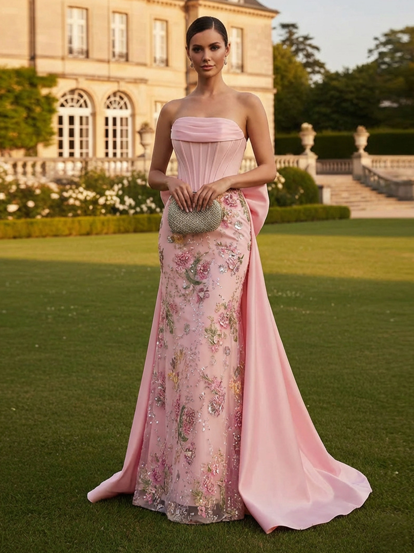 Strapless Mermaid Satin Tulle Applique Prom Dresses with Bow