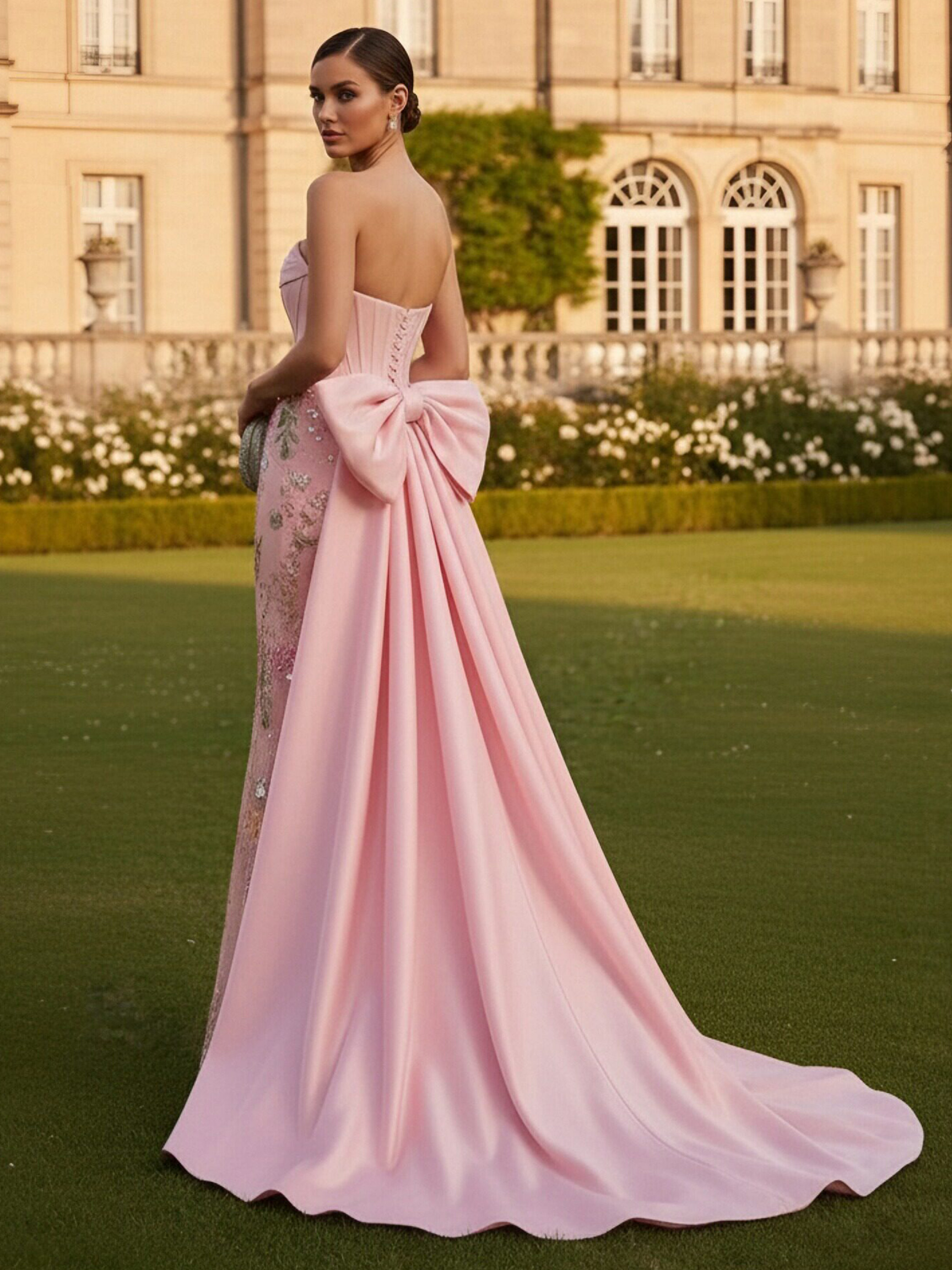 Strapless Mermaid Satin Tulle Applique Prom Dresses with Bow