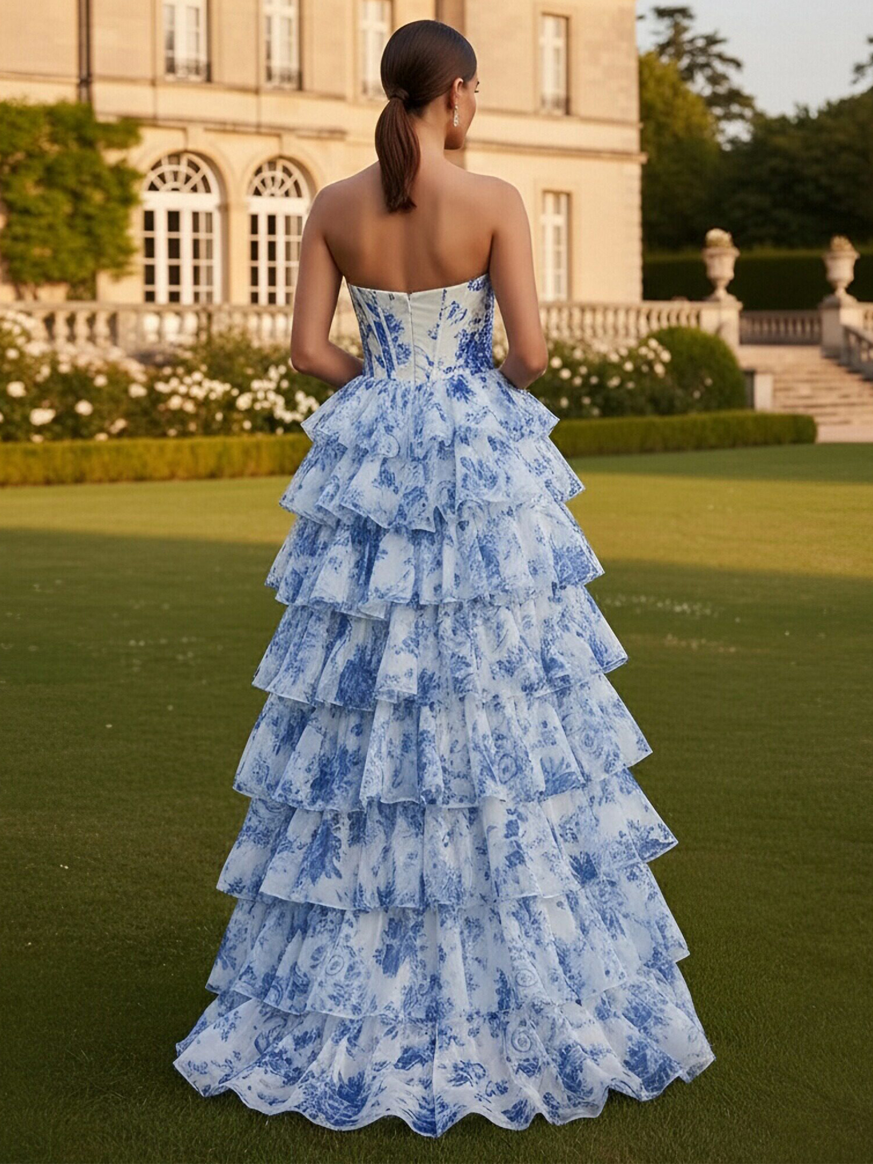 Strapless A Line Chiffon Floral Tiered Prom Dresses with Slit