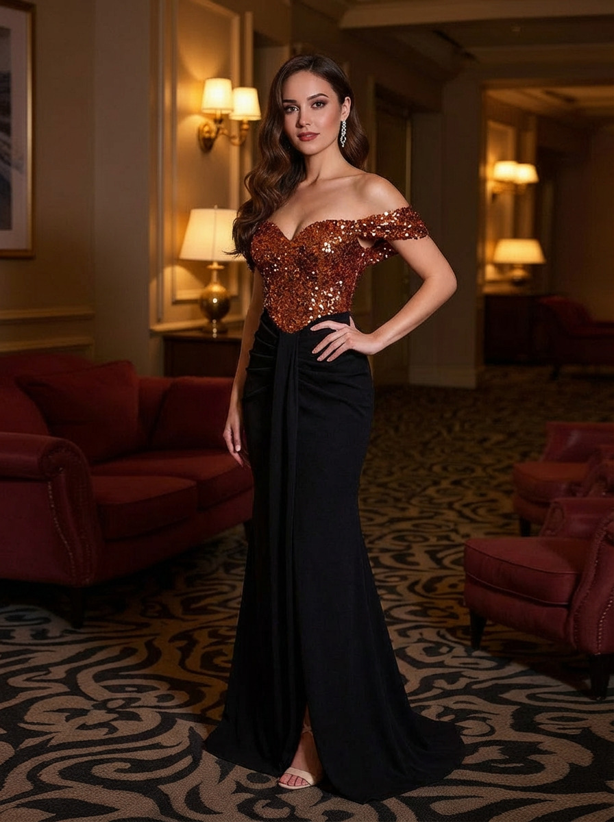 Off Shoulder Mermaid Glitter Sequin Prom Dresses with Slit