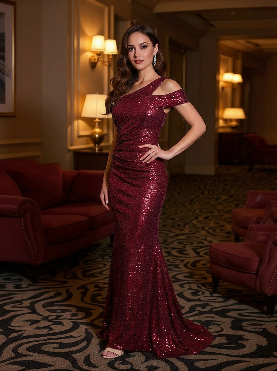 Off Shoulder Mermaid Glitter Sequin Floor Length Prom Dresses