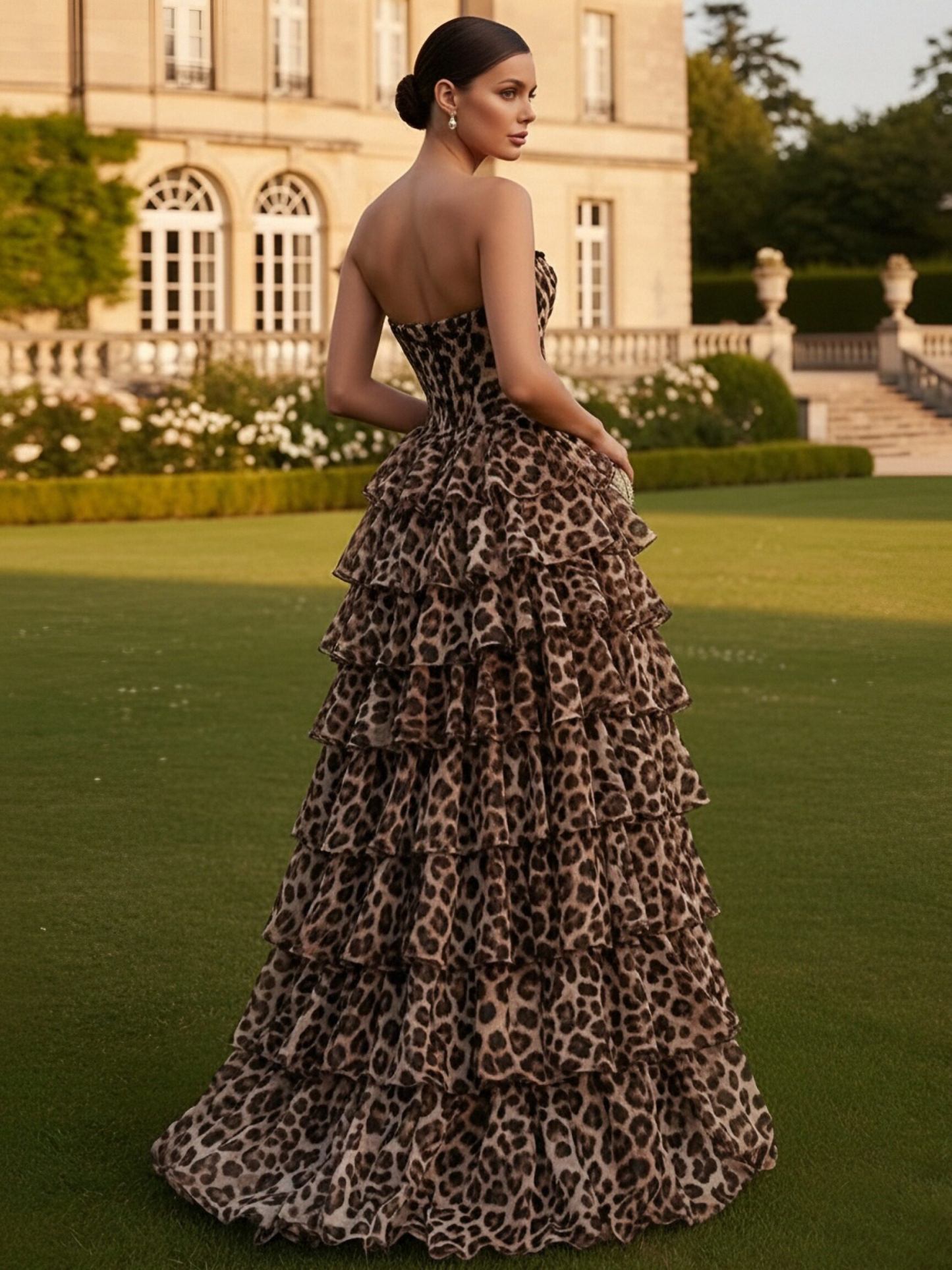 Strapless A Line Chiffon Tiered Leopard Prom Dresses with Slit