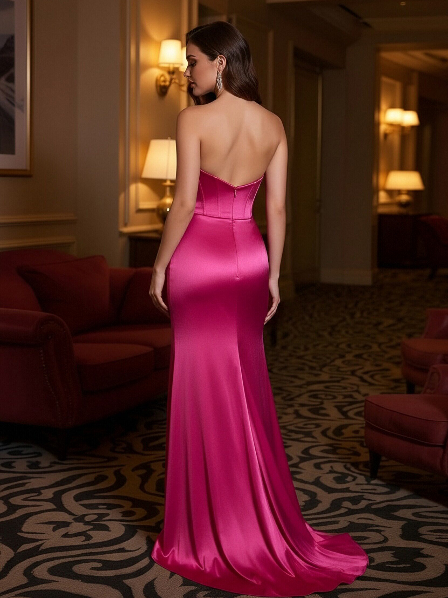 Strapless Mermaid Satin Beadings Prom Dresses with Slit