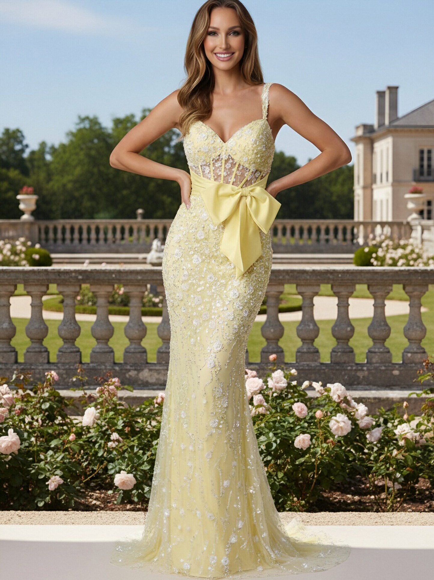 Spaghetti Straps Mermaid Tulle Applique Prom Dresses with Bow