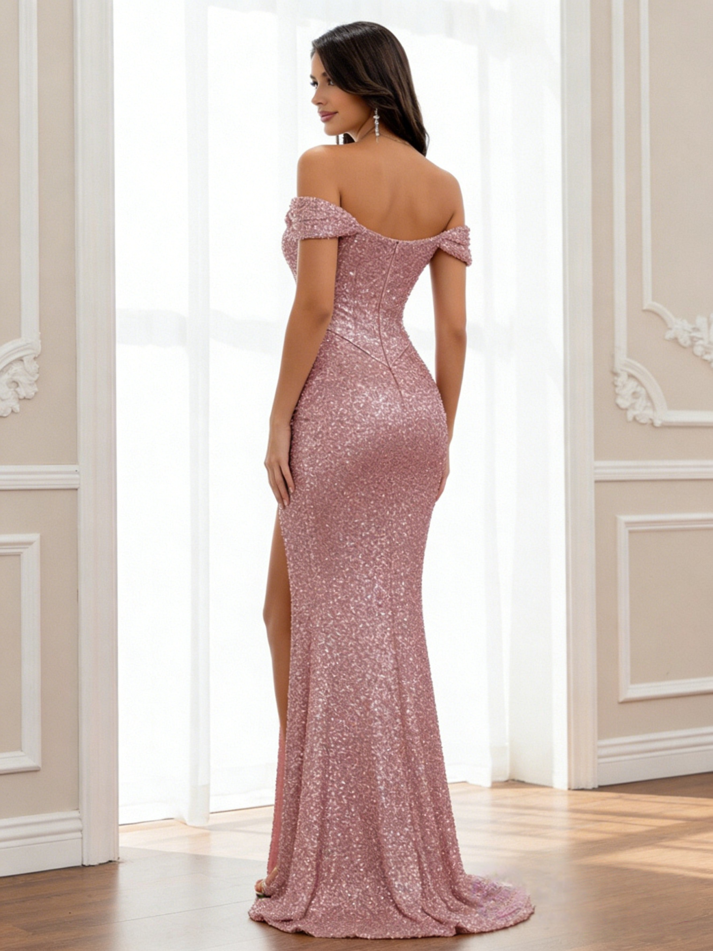 Off Shoulder Glitter Sequin Mermaid Prom Dresses with Slit