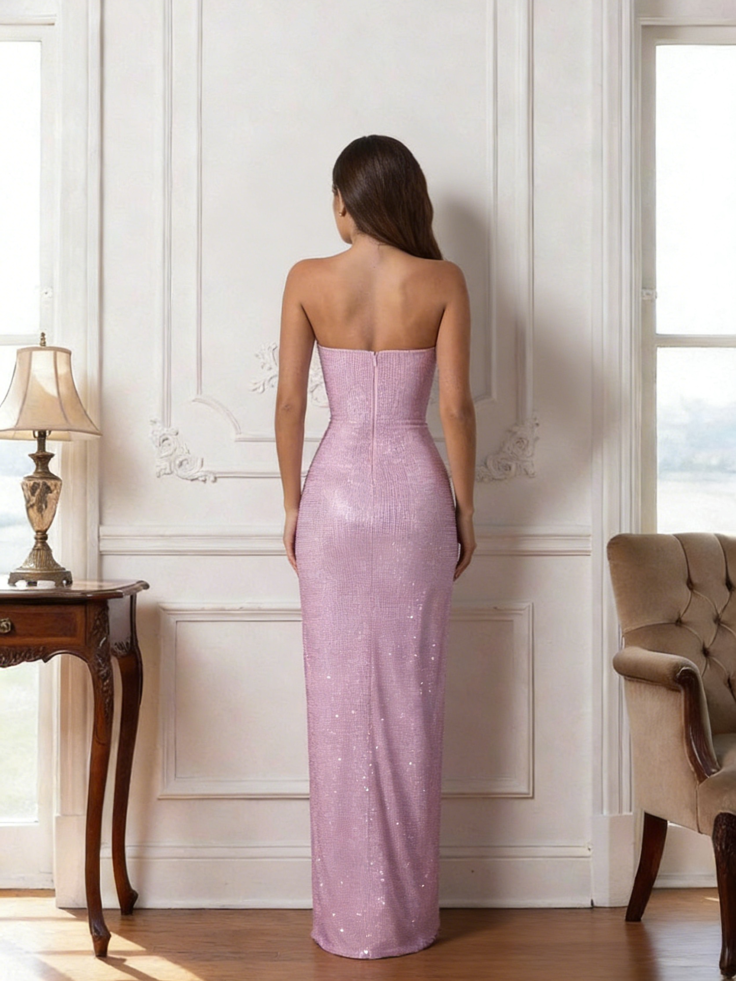 Strapless Glitter Tulle Mermaid Prom Dresses with Slit