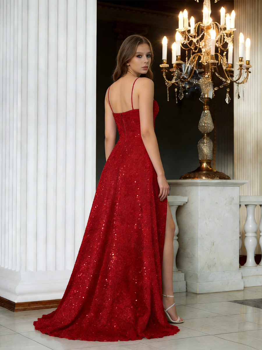 Spaghetti Straps Glitter Sequin A Line Prom Dresses with Slit