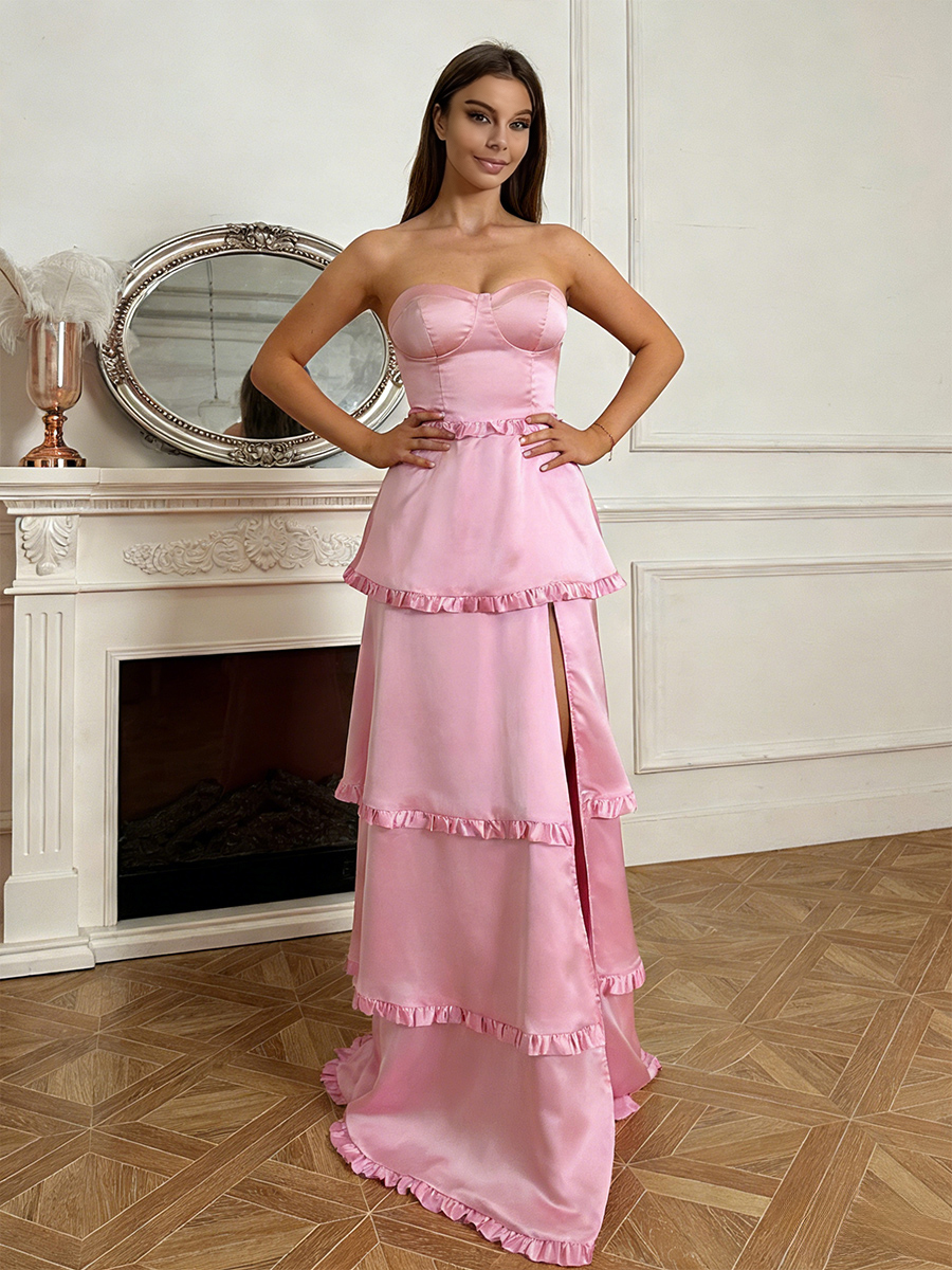 Strapless Satin A Line Tiered Prom Dresses with Slit