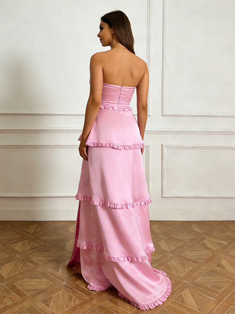 Strapless Satin A Line Tiered Prom Dresses with Slit