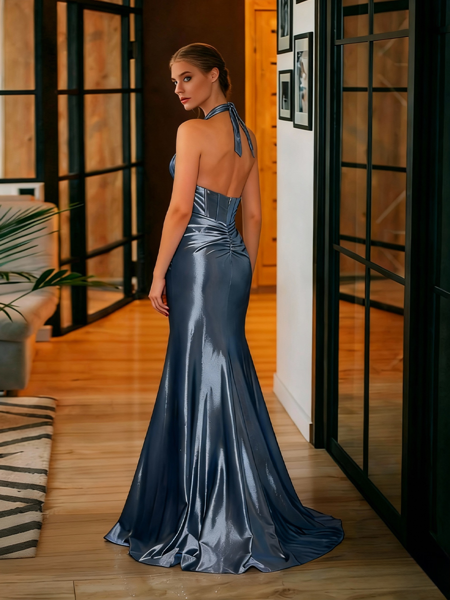 Halter Satin Mermaid Pleated Prom Dresses with Slit
