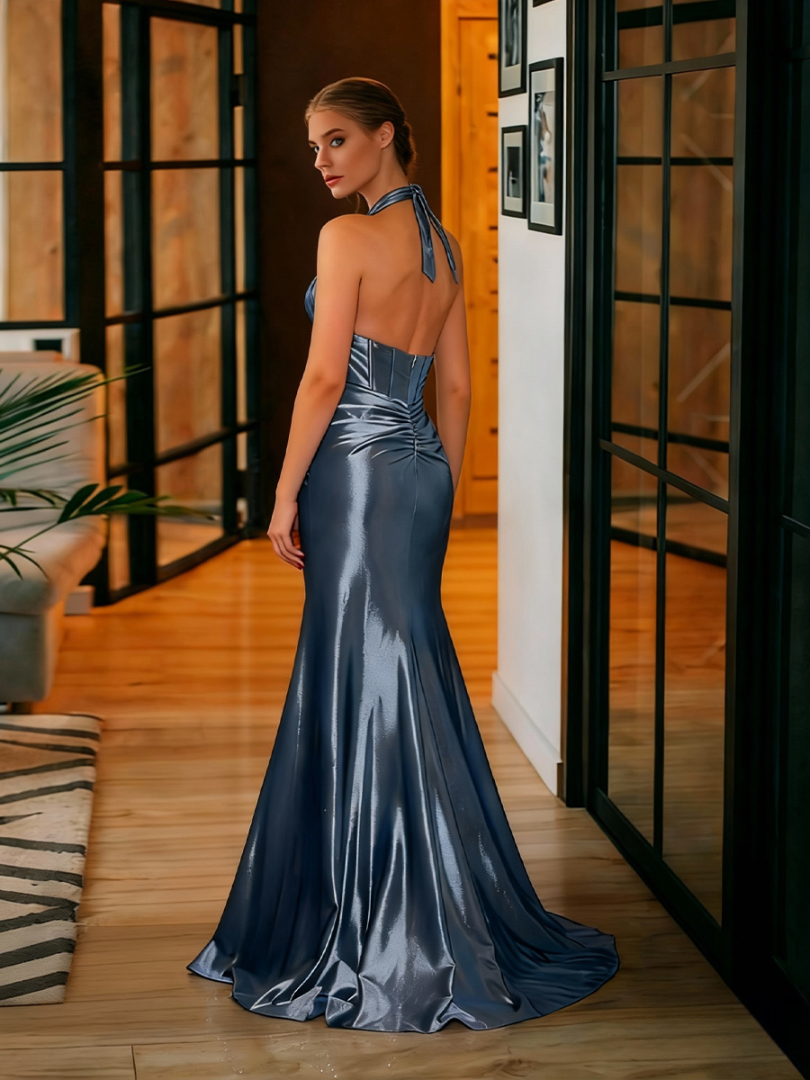 Halter Satin Mermaid Pleated Prom Dresses with Slit