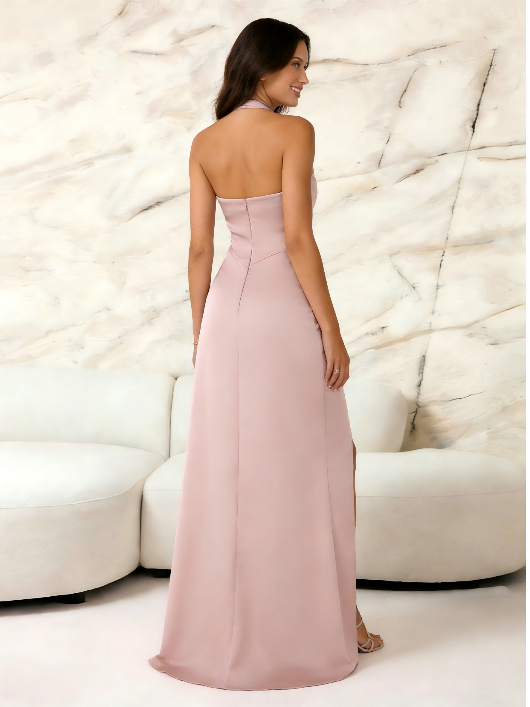 Halter Satin Bodycon Prom Dresses with Slit