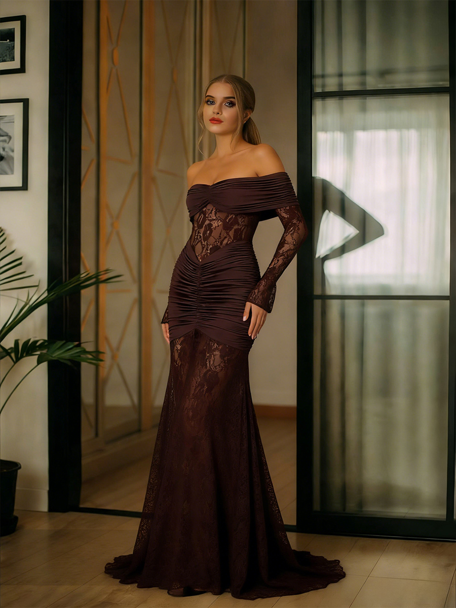 Off Shoulder Lace Mermaid Pleated Prom Dresses