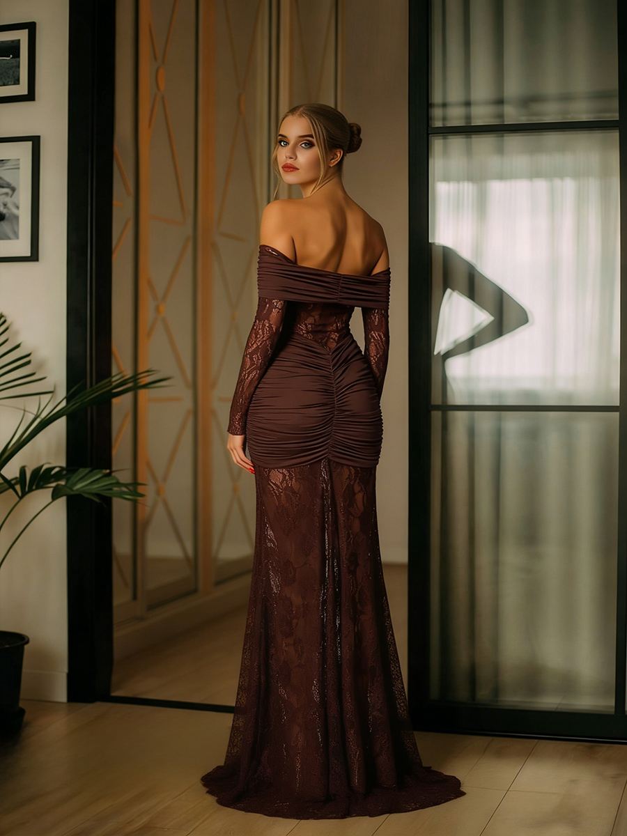 Off Shoulder Lace Mermaid Pleated Prom Dresses