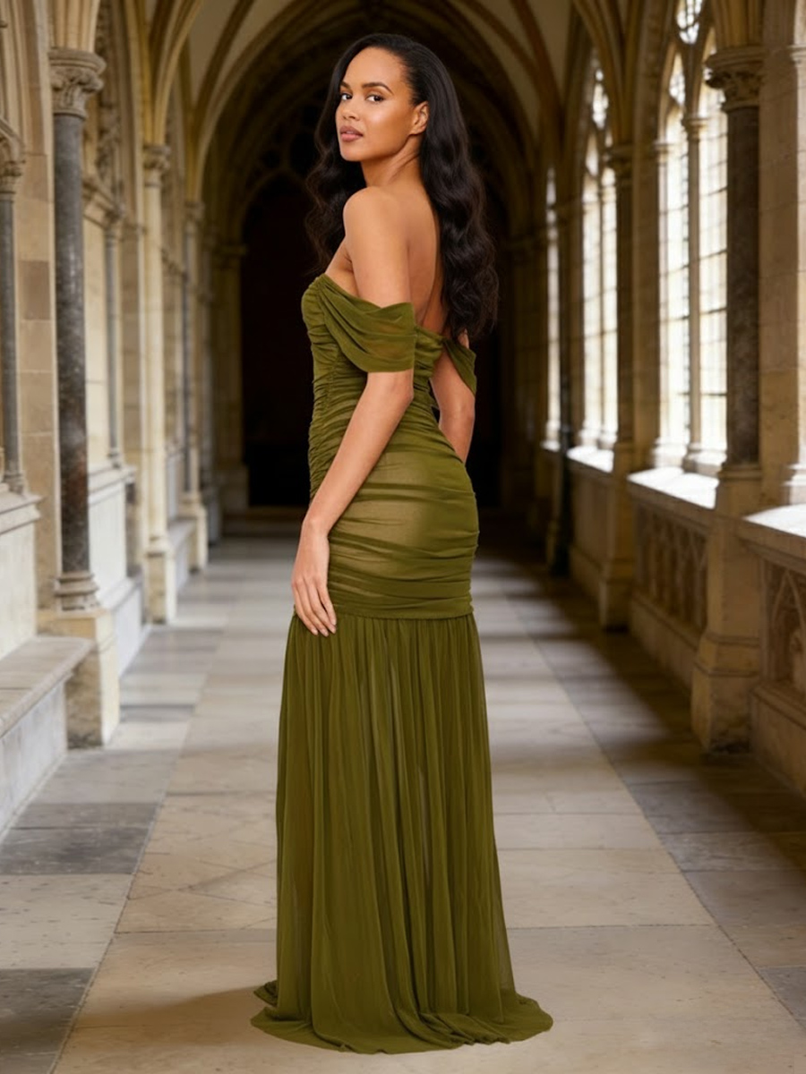 Off Shoulder Chiffon Mermaid Pleated Prom Dresses