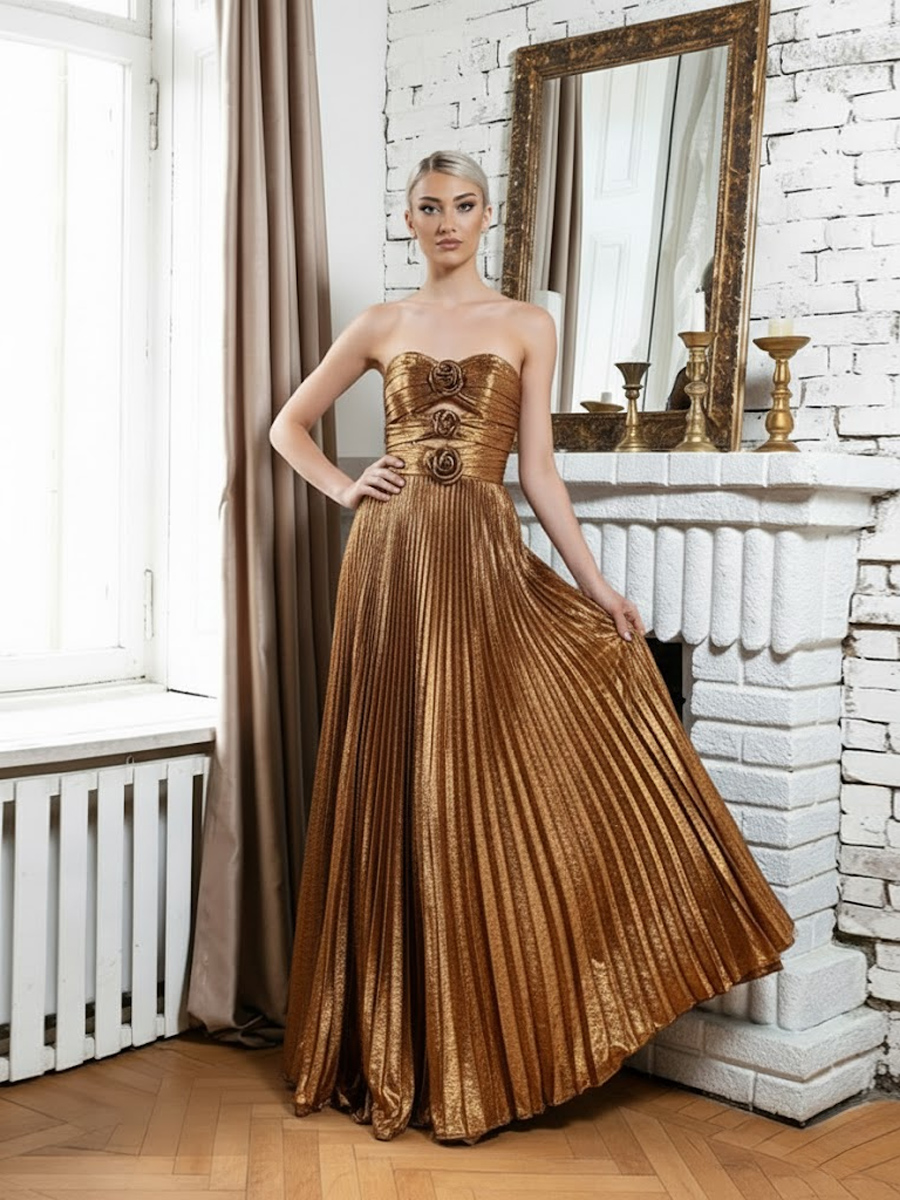 Strapless Sparkly Metallic A Line Prom Dresses