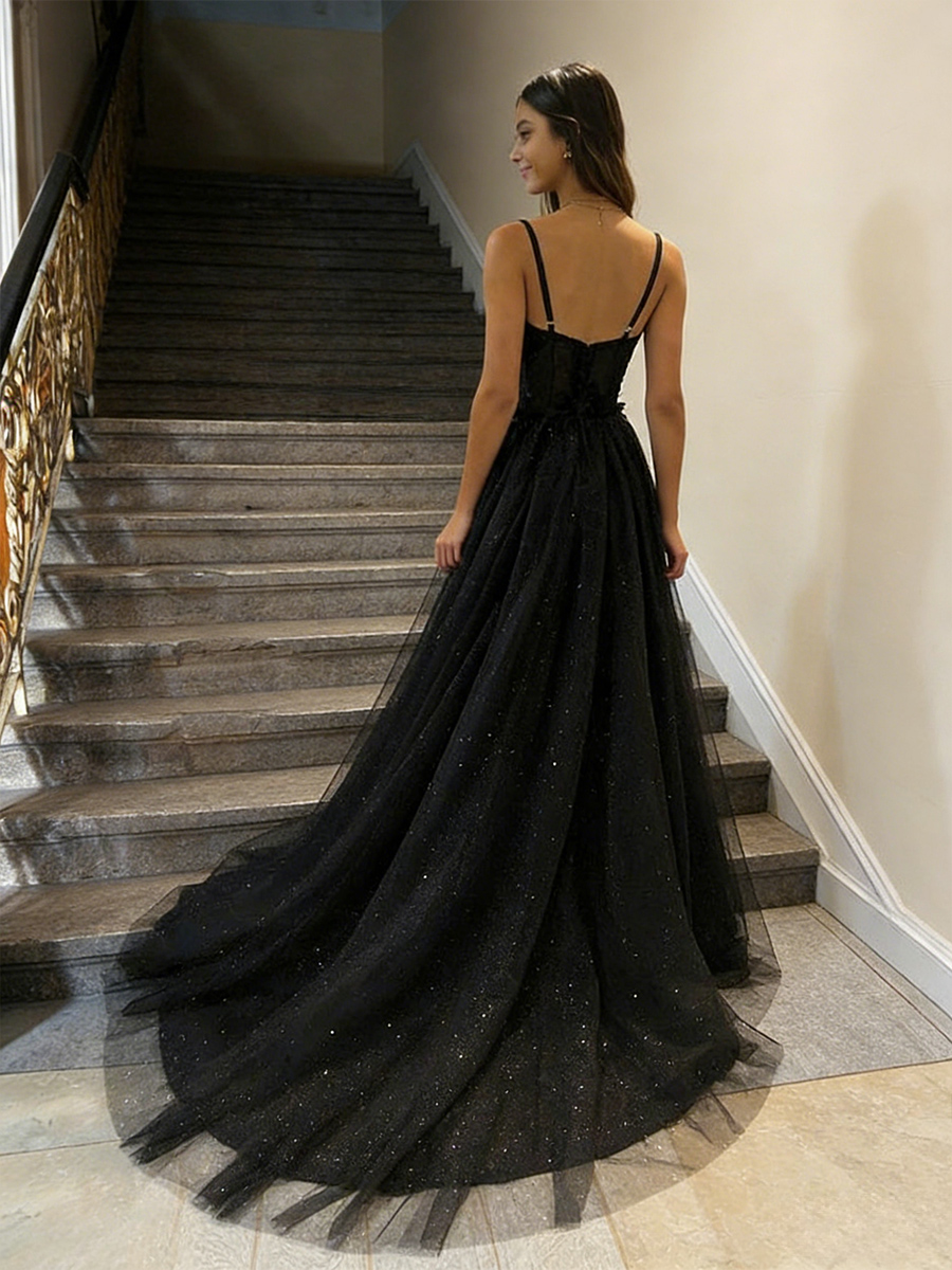 Spaghetti Straps Glitter Tulle A Line Prom Dresses with Slit