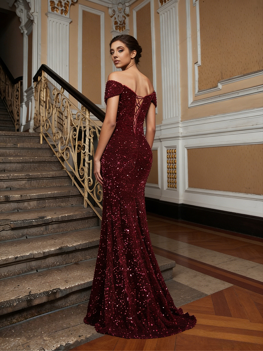 Off Shoulder Glitter Sequin Mermaid Prom Dresses with Slit