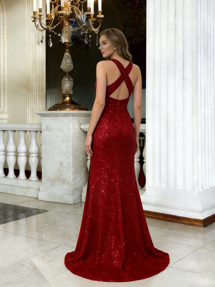 V Neck Glitter Sequin Mermaid Prom Dresses with Slit